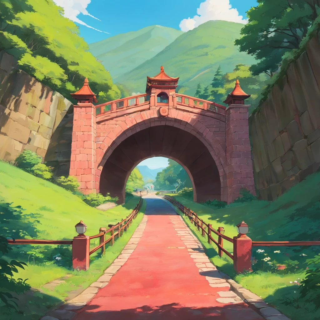 The red stone arch bridge that's about to enter,Em uma rodovia vazia,The background is simple,There are no other objects,perspectiva positiva,Shoot from a very long distance with animated bikes