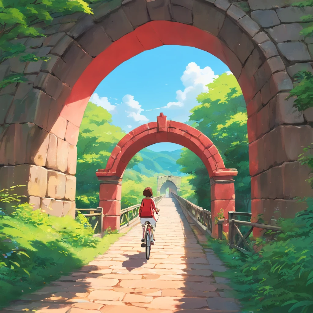 The red stone arch bridge that's about to enter,Em uma rodovia vazia,The background is simple,There are no other objects,perspectiva positiva,Shoot from a very long distance with animated bikes