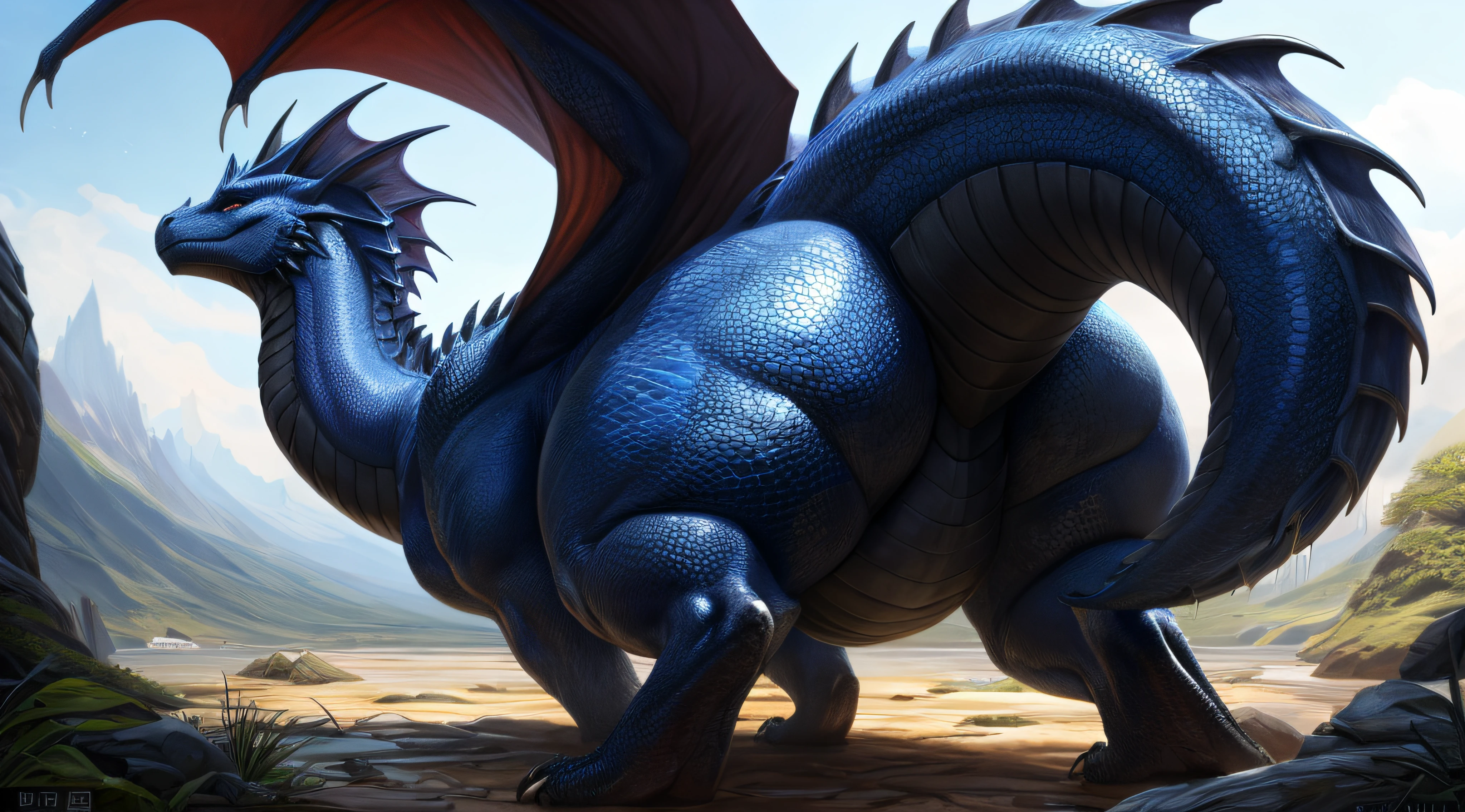 8k, fine details, ultra detailed), a beautiful and detailed full size portrait of a female feral dragon, big body, adult, mature, wings, fur, black body, red skin, non-mammal breasts, looking at viewer, blue eyes, bedroom_eyes, detailed background, looking at viewer, detailed eyes, (((rear view))), all four, big butt, big butt, vagina, sexy body, tan_countershading, tan body, goddess, kenket, Ross Tran,ruan jia, trending on artstation,foxovh, cenematic lighting, smile, tail, wall fence, dirt, trees,
