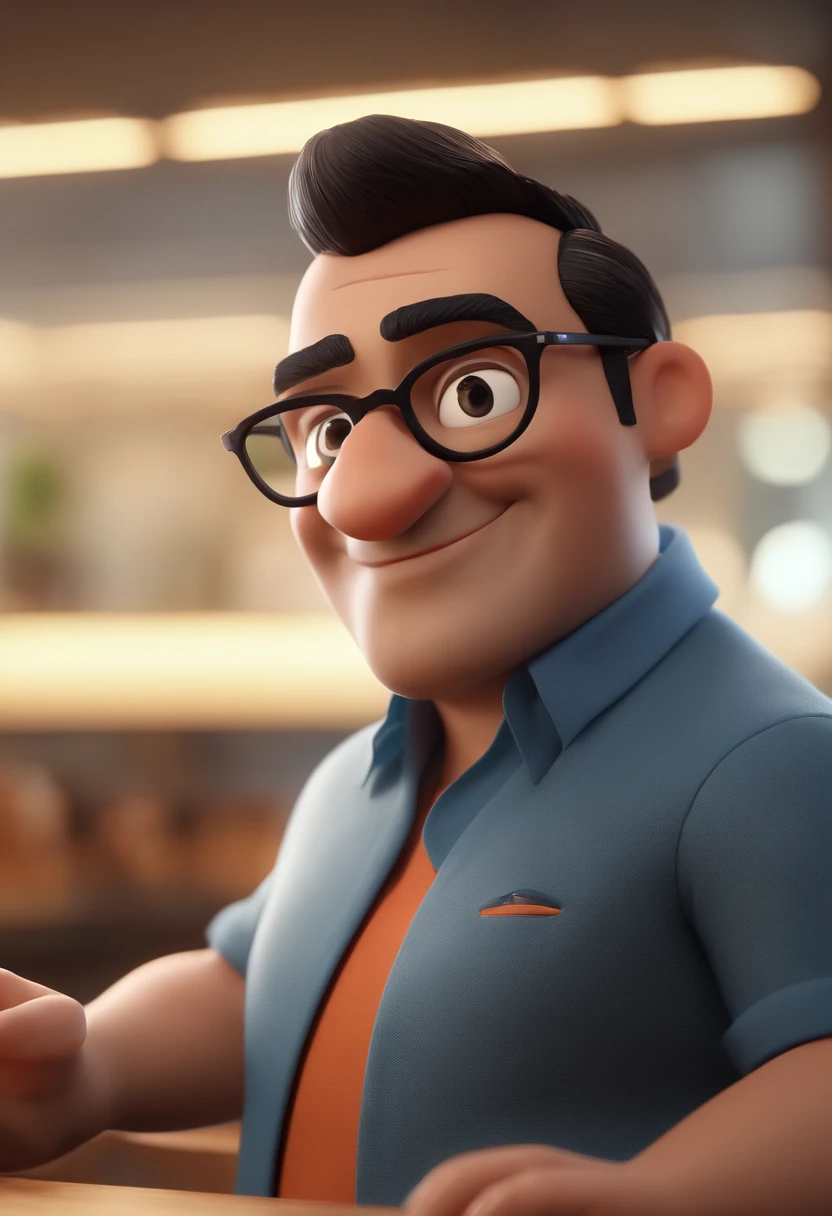 Cartoon character of a man with black glasses and a blue shirt, animation character, Caractere estilizado, animation style rendering, 3D estilizado, Arnold Maya render, 3 d render stylized, toon render keyshot, Personagem 3D, Personagem 3D, 3d rendering stylized, 3 d character render, personagem de desenho animado, Personagem de close up, Pose de personagem, (Estilo Pixar) (master part:1.2) (Bokeh) (best quality) (pele detalhada) (textura detalhada) (8k) (argila) (Cinematic lighting) (foco nítido