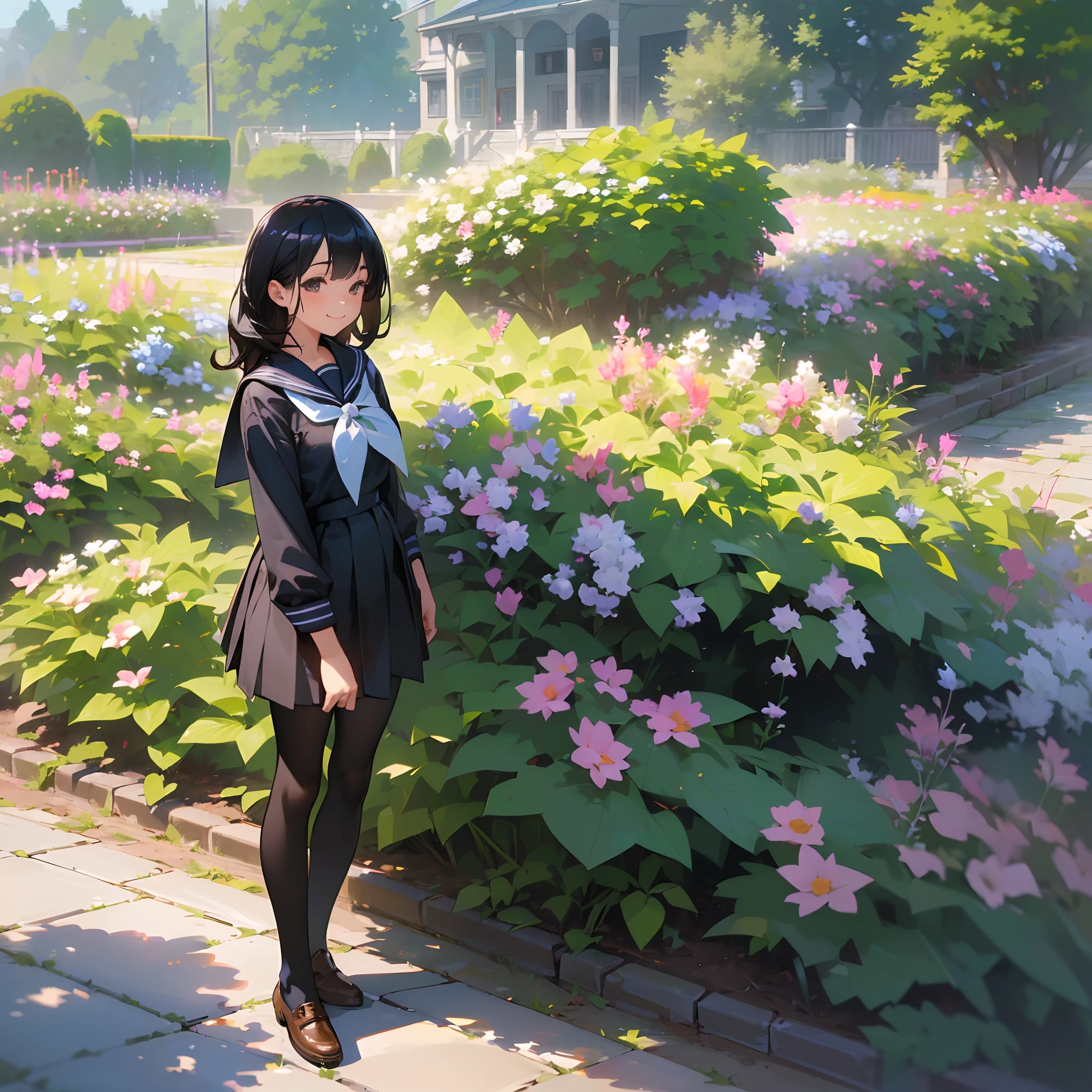 (Best Quality,High resolution,Ultra-detailed,Photorealistic:1.37),peaceful ambiance,(plein air,garden),age girl standing alone,Beautiful detailed features,Cute smile,(Black bob hair),Navy sailor suit,Pleated skirt,Black tights,Brown leather shoes.