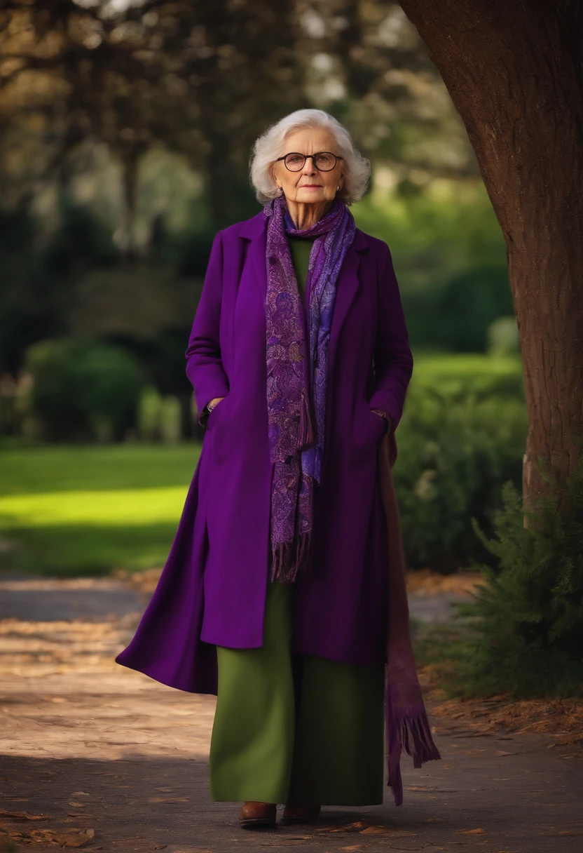 masterpiece, best quality, an old woman with glasses and a scarf on, wearing a purple coat and green scarf, standing at the park