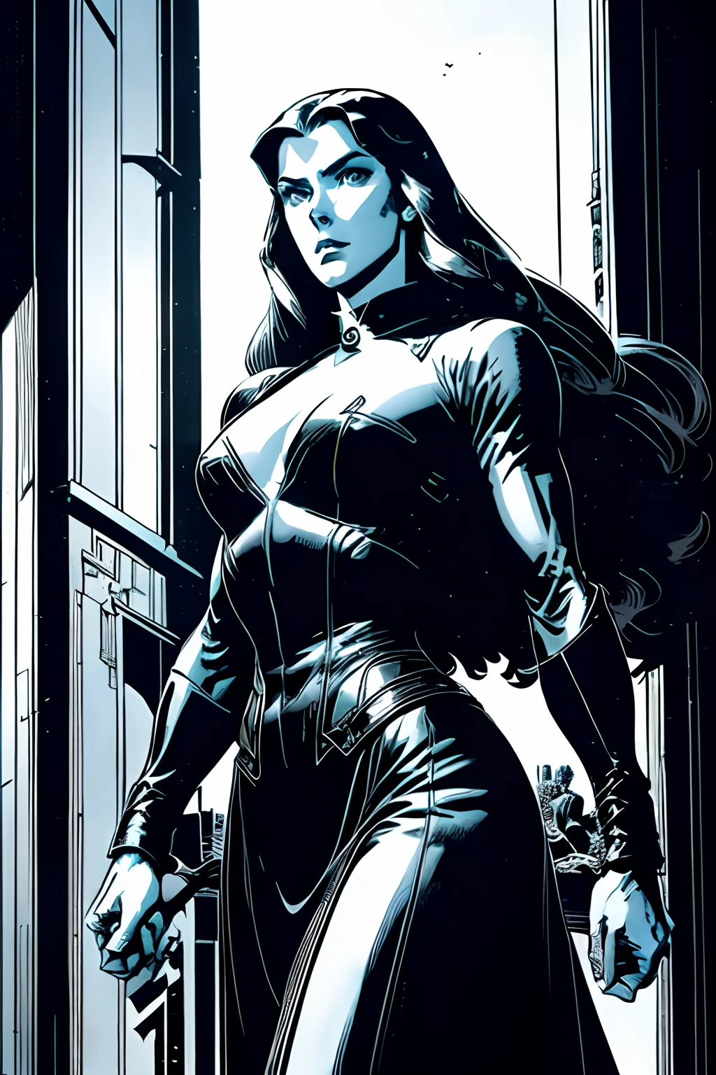 art inspired by John Buscema's stroke, A formidable red-haired spy with long hair, wearing a sensual dark leather collar bouncing out of the window of a building, vidros espalhados no ar, ACTION SCENE, Fearless heroine, Unlimited action,cena detalhista e perfeita.