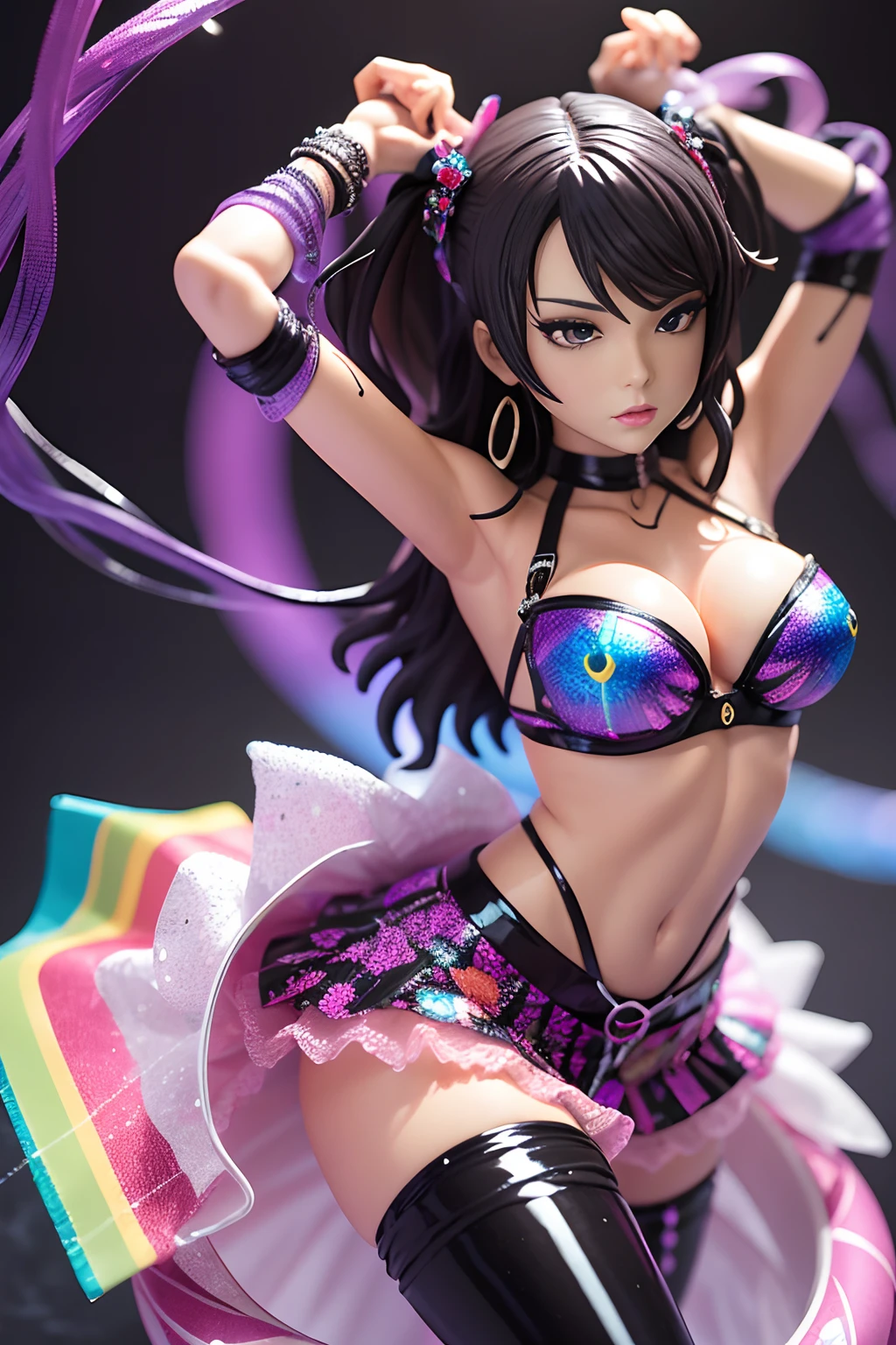 ((pvc figurine)) Imagine (Kendall Jenner)'s Victoria's Secret Fashion Show with the Lost in the Lights Rainbow Reflective Top and Skirt ! It has full coverage, skinny straps, o-ring accent, and a mesmerizing rainbow reflective spider web print all over. Skirt has a high-waist cut, pleated design for optimum twirl, and a mesmerizing rainbow reflective spider web print all over. It's the ultimate sexy Halloween outfit that'll make u pop on the dance floor! Captured by the lens of a high-end Hasselblad camera, the image exudes sophistication and glamour. 100% realistic, high detail, Masterpie., avant garde fashion model pop up parade figure, seductive anime girl, anime figure, anime figurine, seductive. highly detailed, aoshima chiho, ( highly detailed figure ), pvc figurine (((SFW)))