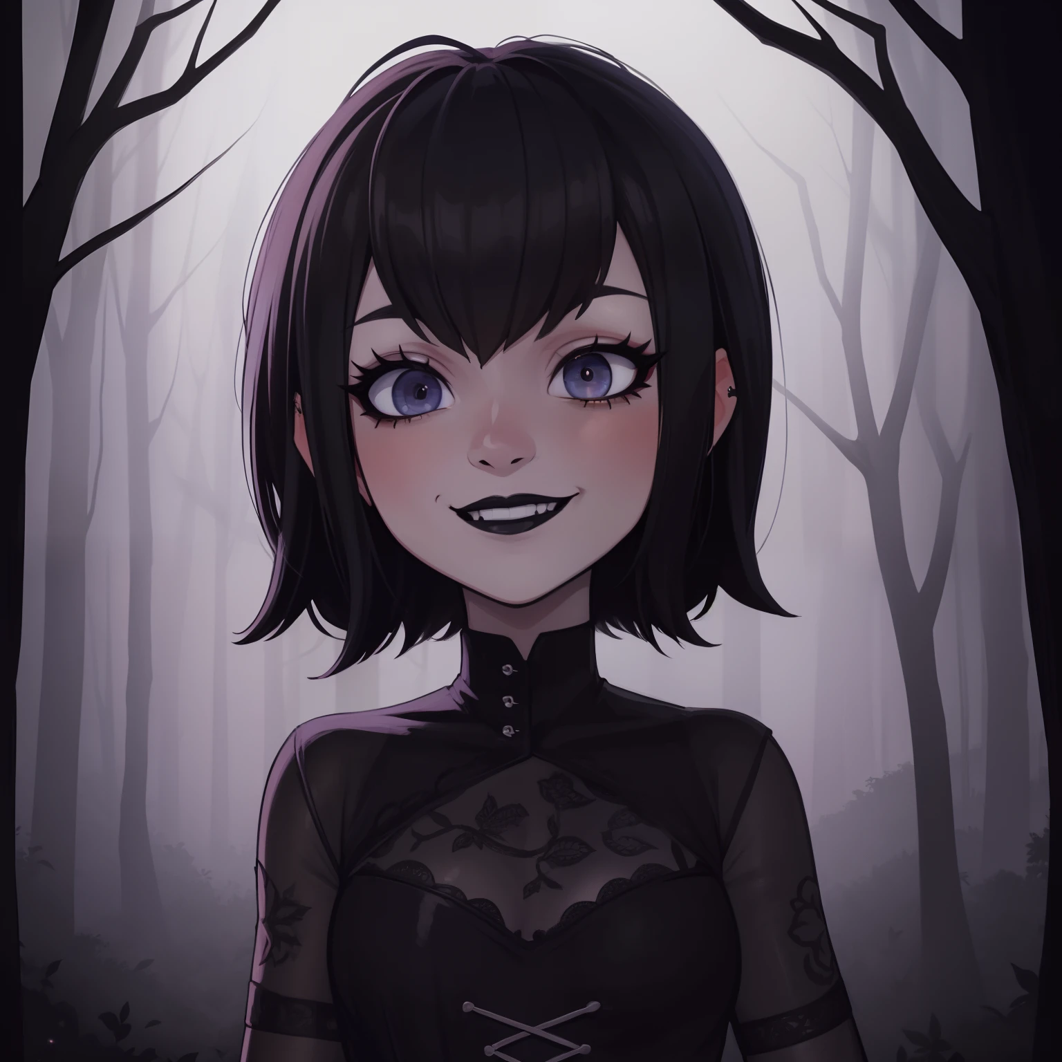 Mavis, upperbody, black lipstick, gothic, dark autumn woods, masterpiece, detailed background, highly detailed, intricate, detailed face, long eyelashes, detailed eyes,, cute, sexy, punky, gothy, upper body, small breasts, upper body, smile, beautiful, cute, looking down