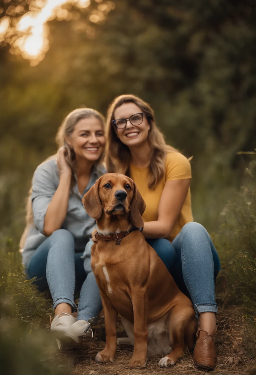 ppixar. Couple with a brown beagle puppy. la chica tiene cabello rubio claro atado con una cola, remera gris y jean claro, gafas blancas. el chico cabello negro con canas, poca barba, gafas, jean azul oscuro y remera gris. They're both smiling and 40 years old
