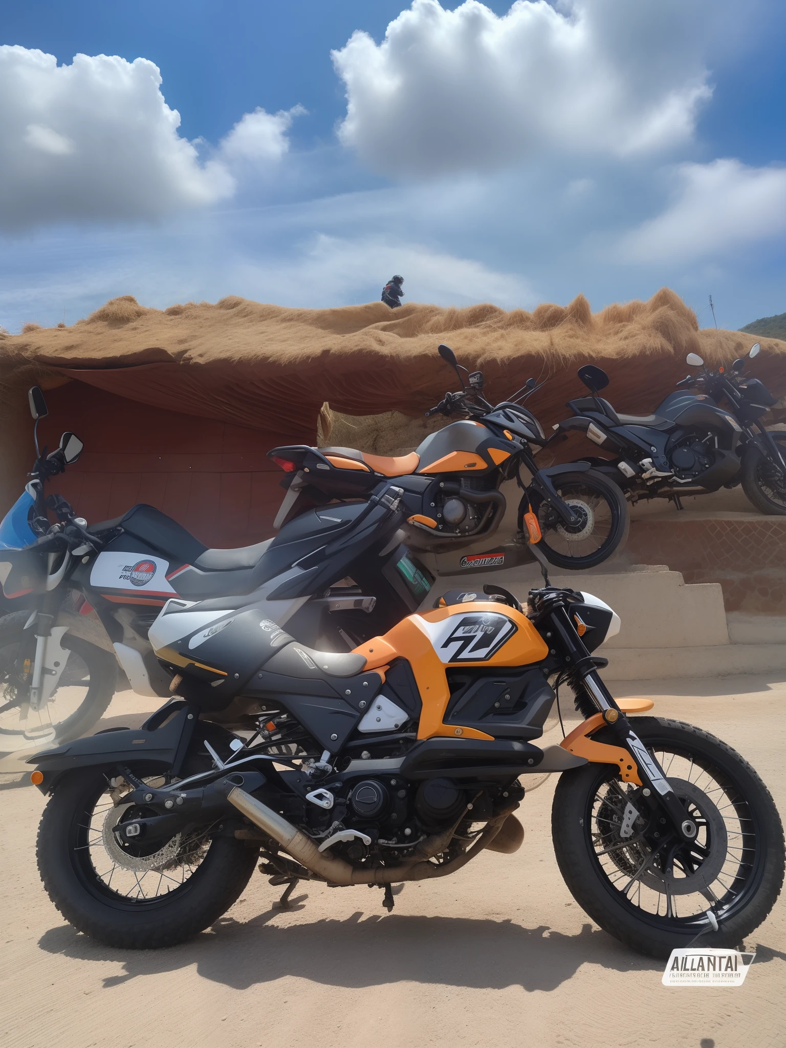 motocicletas estacionadas em estrada de terra no meio de um campo, touring, uma moto no centro do quadro, motocicleta, Andar na estrada, Motocicletas, Belas vistas, em uma estrada, horseback riding, tiro largo!!!!!!, Upload de alta qualidade, Foto tirada de longe, crisp smooth lines, arredores da cidade, pose divertida, Directed by: Warren Mahy, Posando