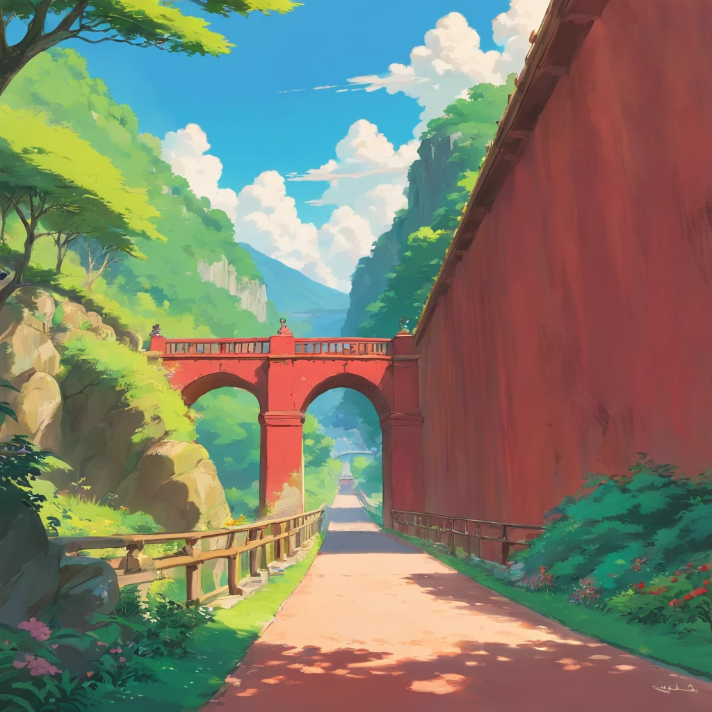 The red stone arch bridge that's about to enter,Em uma rodovia cheia de motos,The background is simple,There are no other objects,perspectiva positiva,Shoot from a very long distance