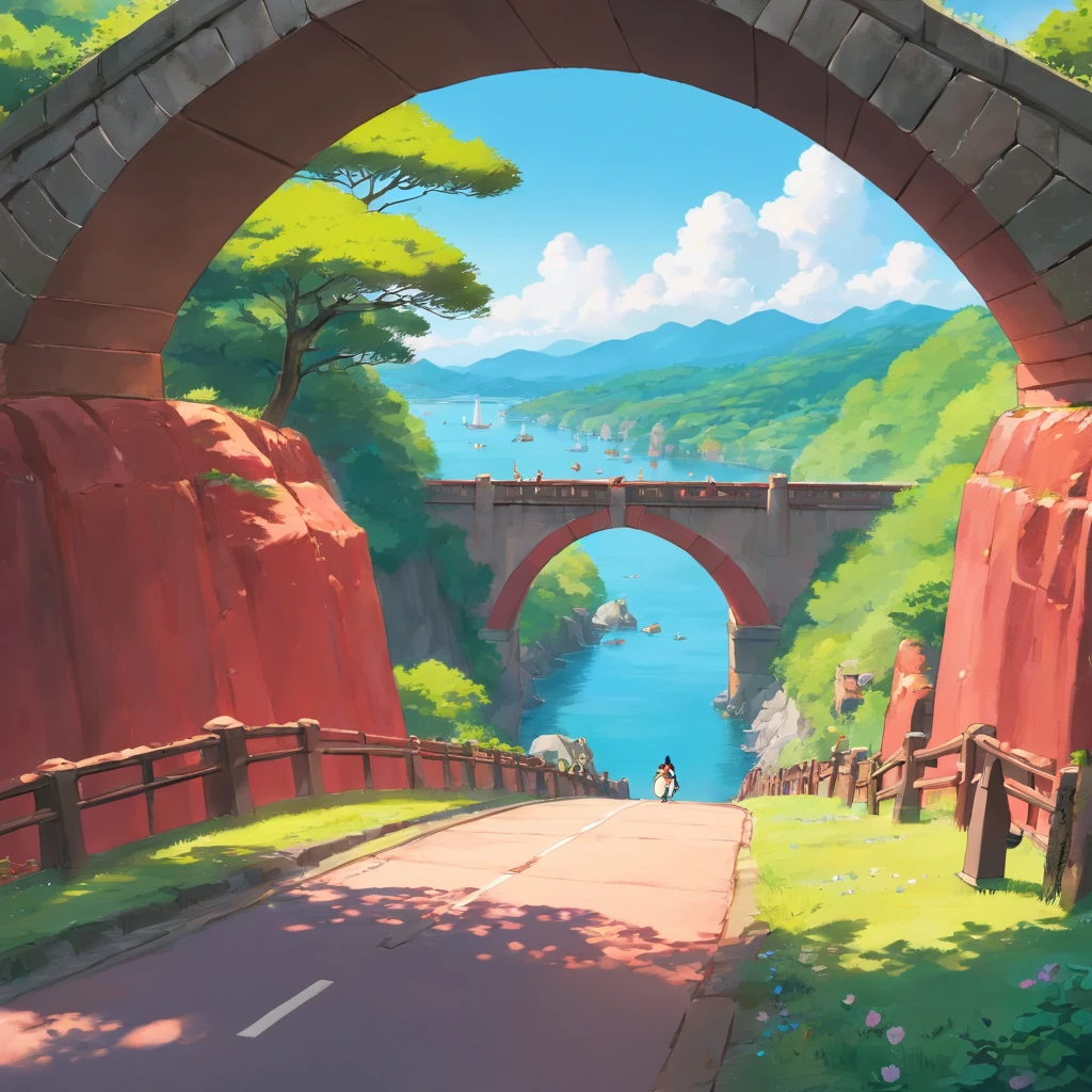 The red stone arch bridge that's about to enter,Em uma rodovia cheia de motos,The background is simple,There are no other objects,perspectiva positiva,Shoot from a very long distance