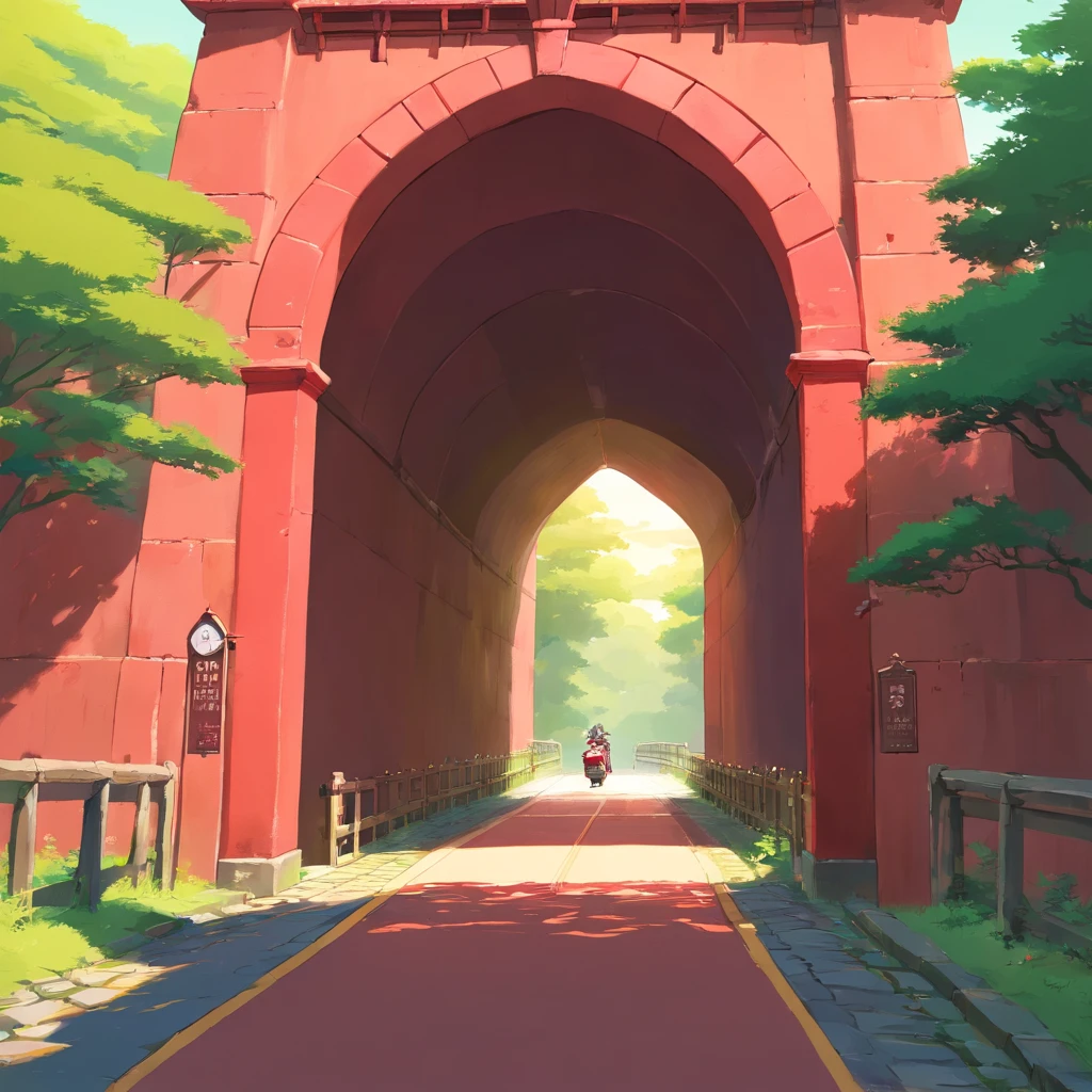 The red stone arch bridge that's about to enter,Em uma rodovia cheia de motos,The background is simple,There are no other objects,perspectiva positiva,Shoot from a very long distance
