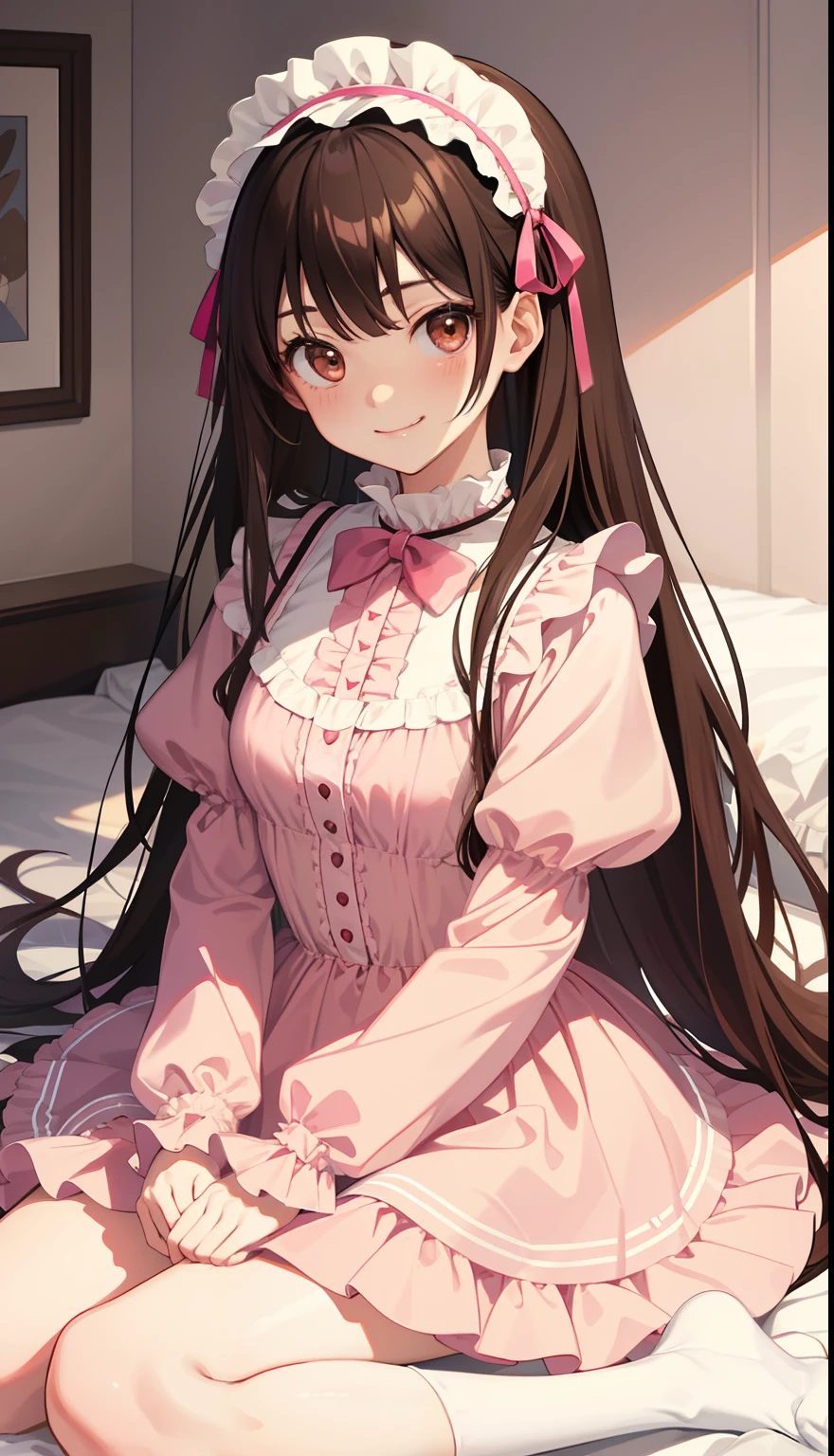 (best-quality:0.8), (best-quality:0.8), perfect anime illustration, BROWN EYES, Lolita outfit, pink Lolita outfit, kawaii dress, Lolita, sitting on bed, kawaii bedroom, pink bedroom background, DARK BROWN HAIR, straight bangs, long hair, hair length to back, 1girl, solo, upper body, facing viewer, looking at viewer, cheeky grin,