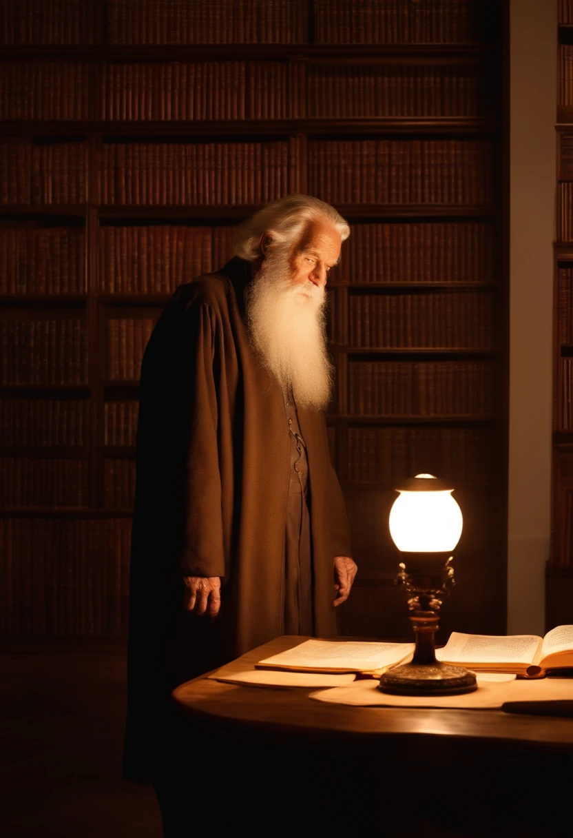 A wise old man standing in front, illuminated by the light of a lamp, against the backdrop of a library