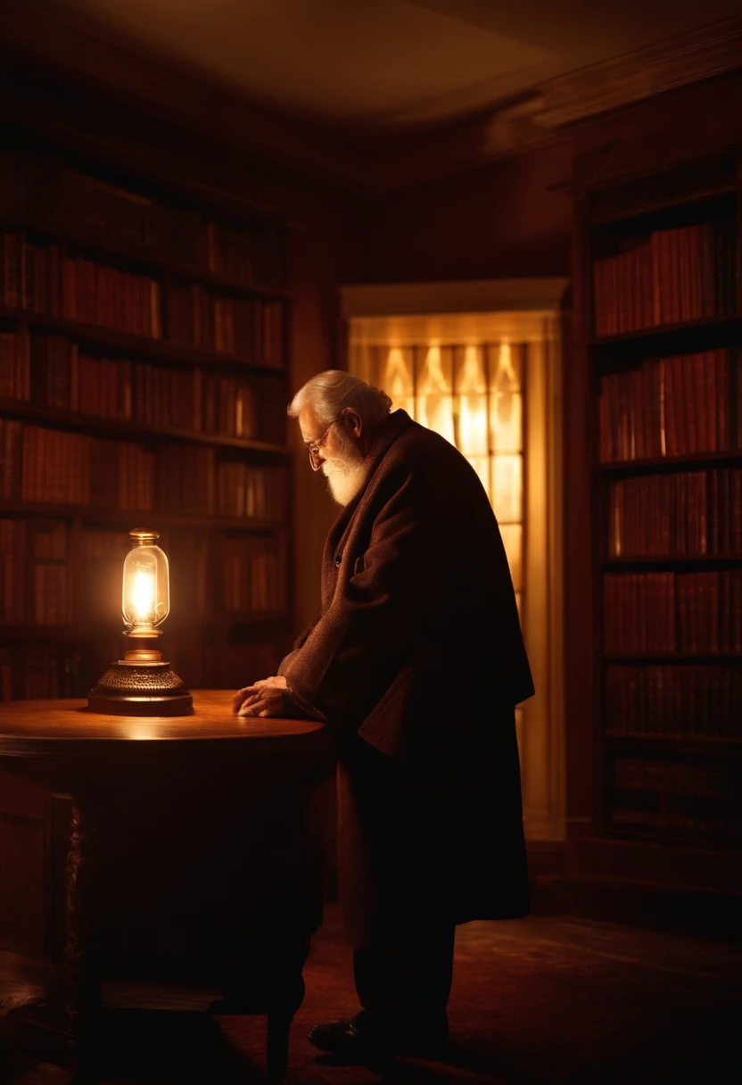 A wise old man standing in front, illuminated by the light of a lamp, against the backdrop of a library