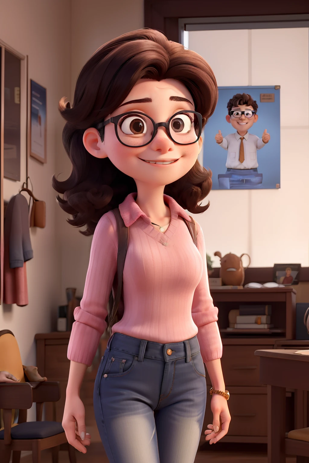 Make a Poster of a Couple. Mulher branca, olhos castanhos, black glasses, cabelo castanho claro liso e longo, seu namorado de cabelo castanho claro, grande e olhos castanhos. She wears jeans and a long sleeve knit blouse and he wears a suit. Joining them are their 2-year-old twin sons. The girl daughter on her father's lap wearing pink and the boy son on his mother's lap wearing brown. They're in a mall