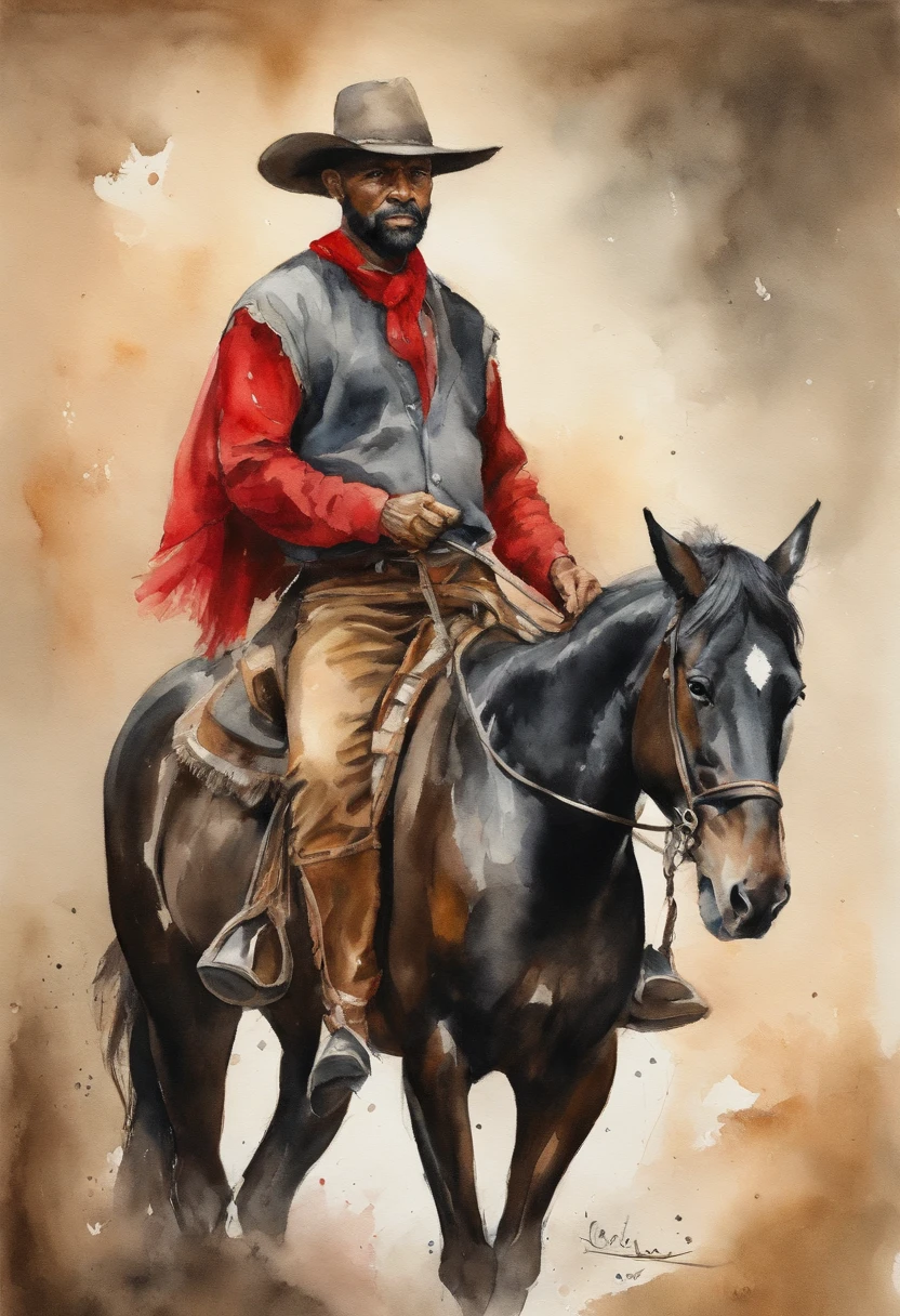 1 homem, montado em um cavalo ?????, brasileiro, nativo gaucho, Hook, CALVO, Bald man with hat covered over shoulders , Wide pants , Cinta Larga, bota de couro, espada, Red scarf with knot, cavalo