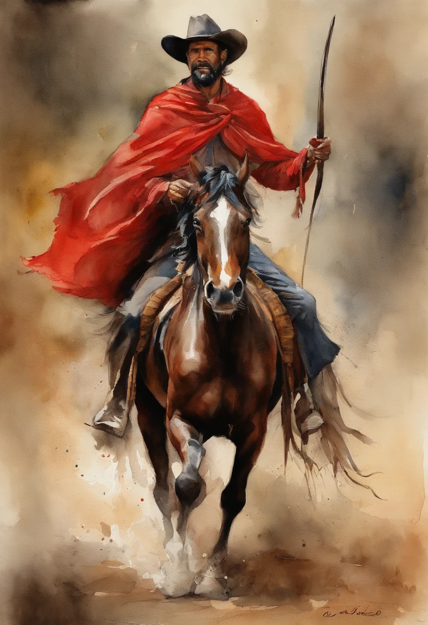 1 homem, montado em um cavalo negro, brasileiro, nativo gaucho, Hook, CALVO, Bald man with hat covered over shoulders , Wide pants , Cinta Larga, bota de couro, espada, Red scarf with knot, cavalo