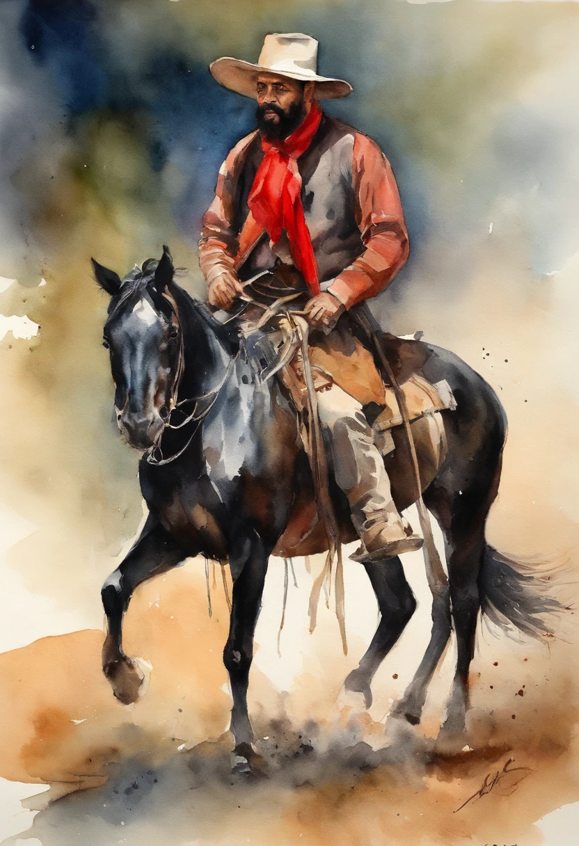 1 homem, montado em um cavalo negro, brasileiro, nativo gaucho, Hook, CALVO, Bald man with hat covered over shoulders , Wide pants , Cinta Larga, bota de couro, espada, Red scarf with knot, cavalo