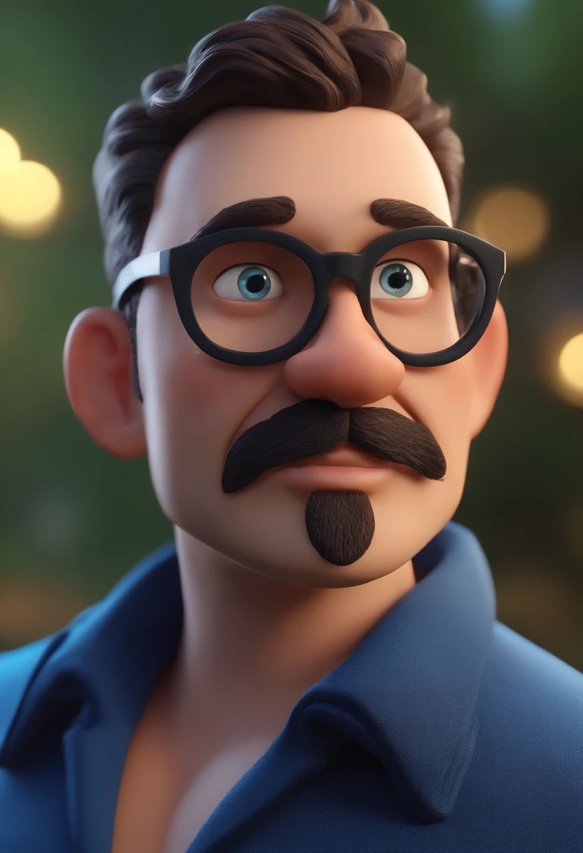 Cartoon character of a man with black glasses and a blue shirt and beard, animation character, Caractere estilizado, animation style rendering, 3D estilizado, Arnold Maya render, 3 d render stylized, toon render keyshot, Personagem 3D, Personagem 3D, 3d rendering stylized, 3 d character render, personagem de desenho animado, Personagem de close up, Pose de personagem, (Estilo Pixar) (master part:1.2) (Bokeh) (best quality) (pele detalhada) (textura detalhada) (8k) (argila) (Cinematic lighting) (foco nítido