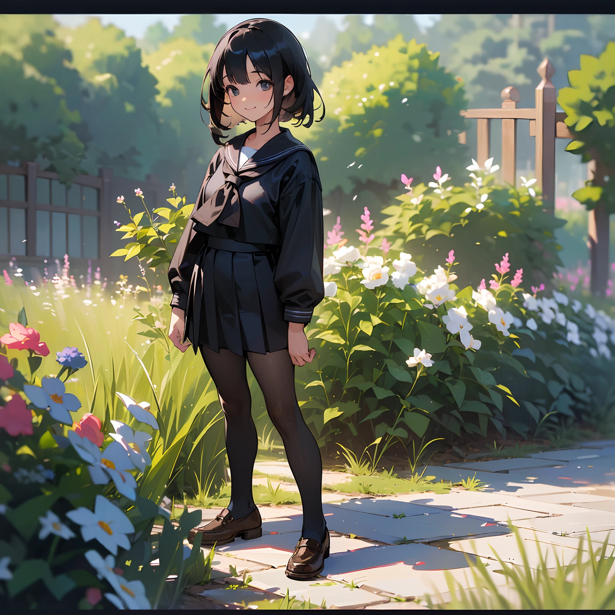 (Best Quality,High resolution,Ultra-detailed,Photorealistic:1.37),peaceful ambiance,(plein air,garden),Teenage girl standing alone,Beautiful detailed features,Cute smile,(Black bob hair),Navy sailor suit,Pleated skirt,Black tights,Brown leather shoes.