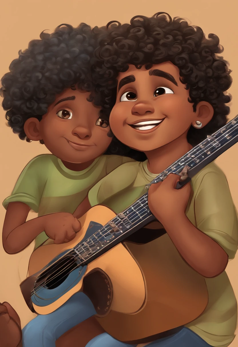 crie um banner no estilo Pixar. A boy with Indian features, moreno pardo com cabelos curtos, Castanhos escuros, Curly and slightly grayish appearance, mas jovem, usando uma camiseta, Wearing jeans and holding a classical guitar with 7 strings.