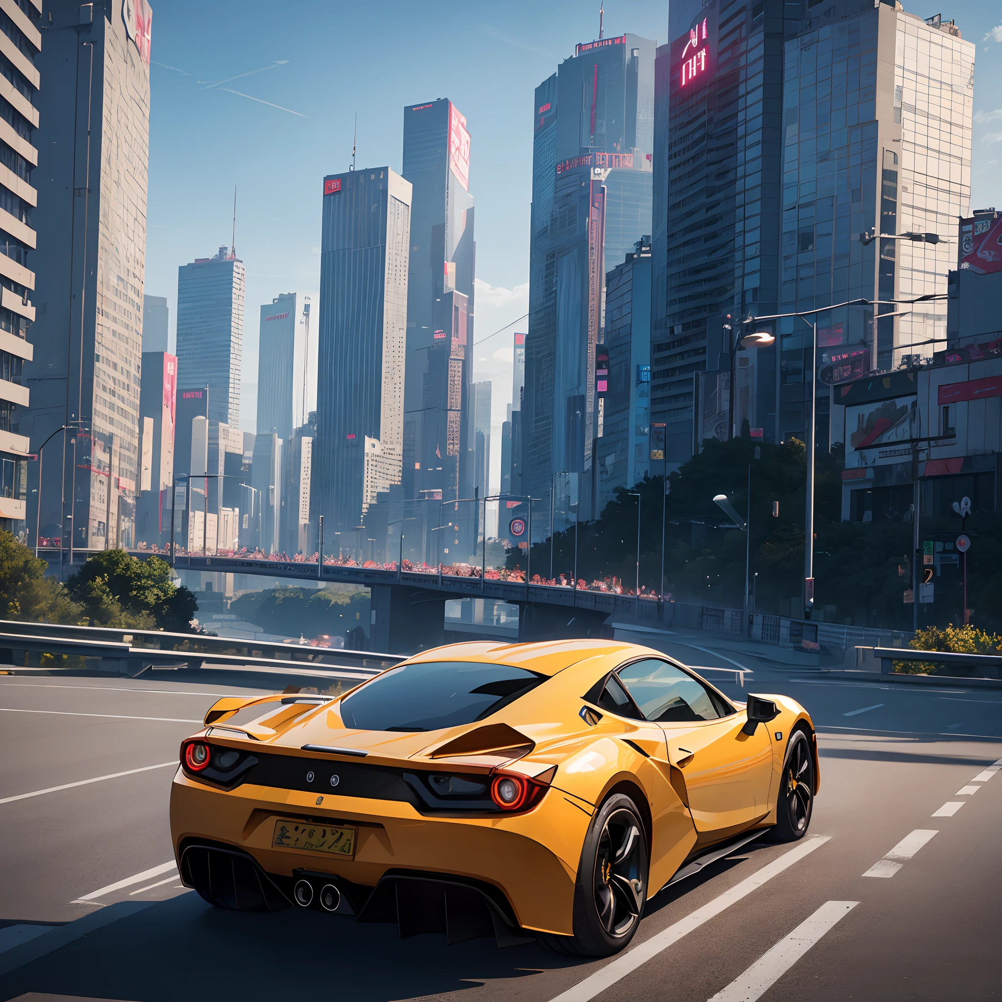(Best quality, 8k, Masterpiece :1.2), hyper realistic, cyberpunk, at a mountain, an detailed greenFerrari 488, Speeding on the highway, (Facing the audience), The blue skyscraper in the background, at night,