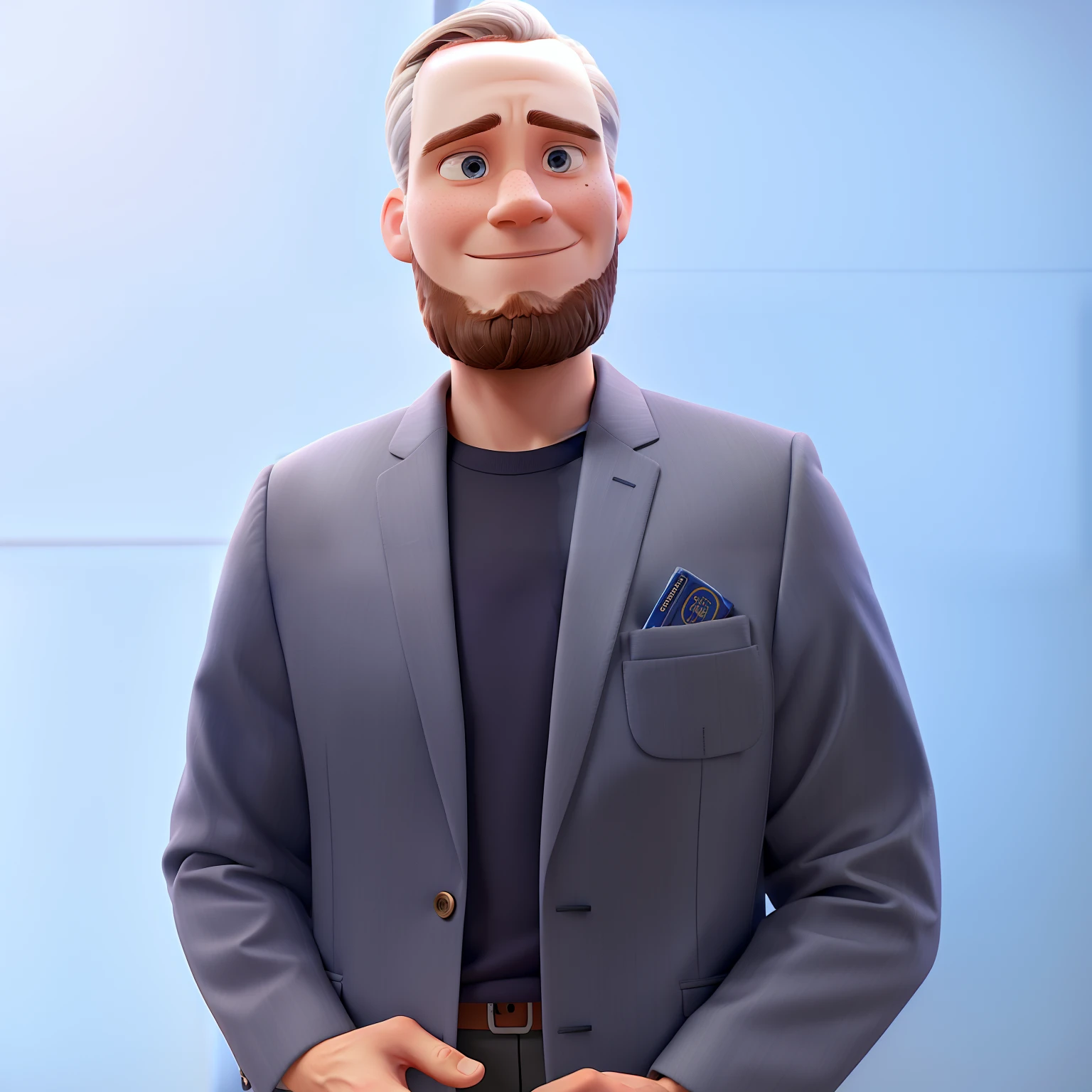 A white man in a suit inside with a bible in his hand inside an office and in the background a window of a beautiful pixar-style city
