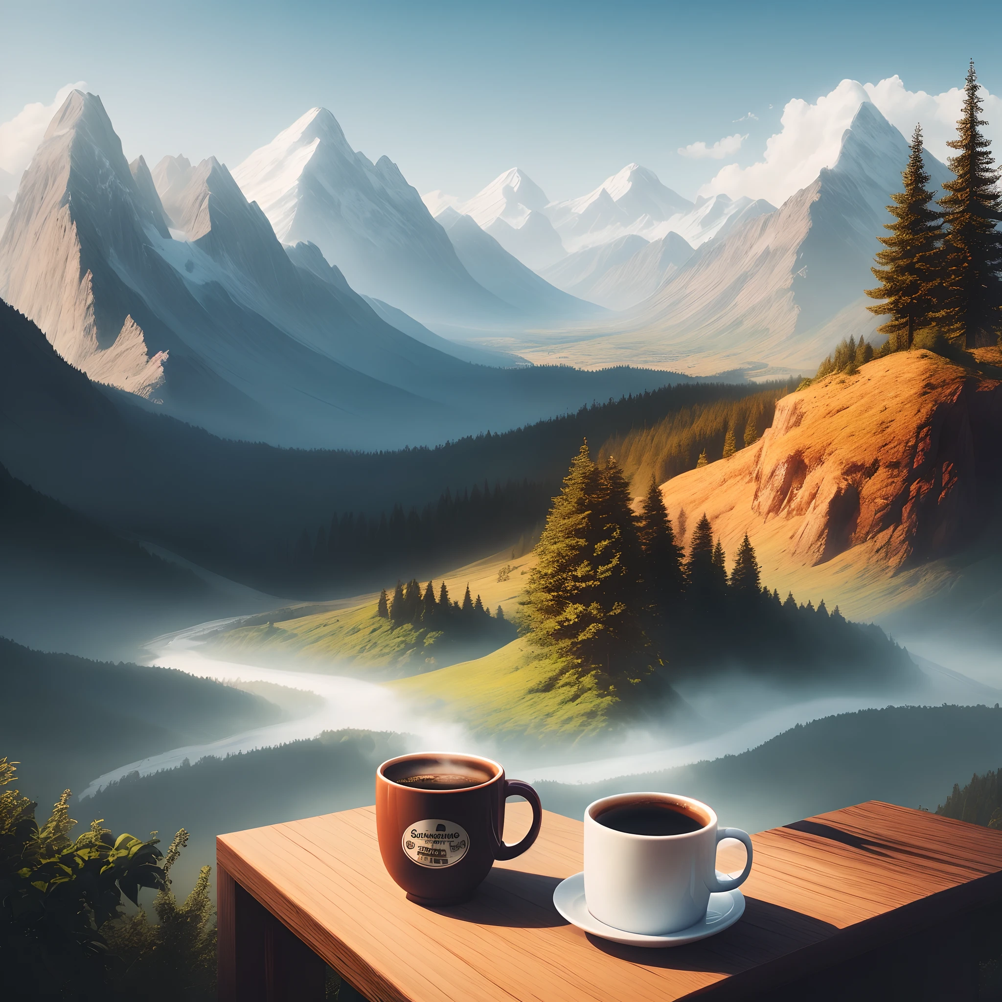 A beautiful landscape with a mug of hot coffee