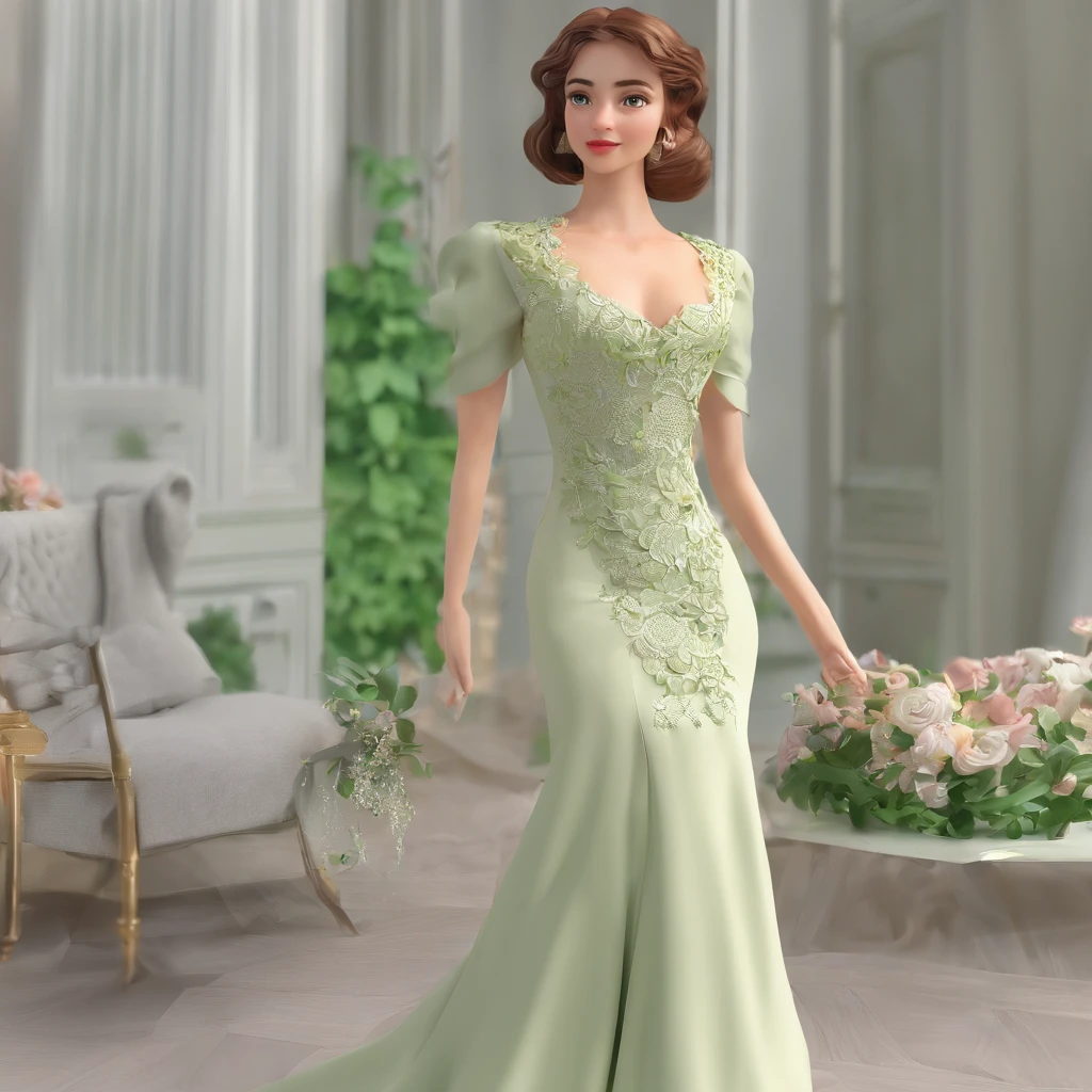 ((Trabalho de alta qualidade)), The lines are clear and concise, O vestido verde e a linda renda plissada se complementam, o que enriquece as camadas de todo o quadro, The graceful Edwardian lace dress and princess skirt add a lot to the character, the gesture with the back of the hand back back , It also shows the gentle and elegant side of women.