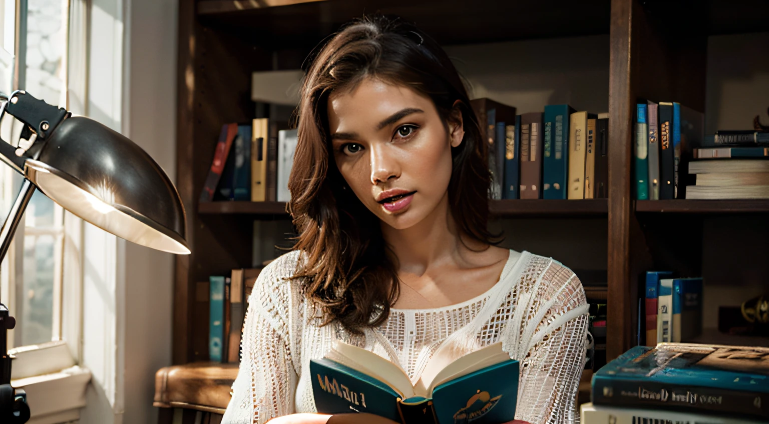 beautiful Caucasian redheaded woman of 26 years, (((full figure supermodel reading book))), light blue eyes, shyness, seduction, romanticism, open mouth, loving gaze, in the library, wearing white shirts and black pants, sunset, photorealistic, photo, masterpiece, realistic, realism, photorealism, high contrast, trendy photorealistic digital art on Artstation 8k HD realistic high definition detailed, detailed, skin texture, hyper detailed, realistic skin texture, Best Quality, Ultra High Resolution, (Photorealistic: 1.4),, High Resolution, Detailed, Raw Photo, Sharp Re, by Lee Jeffries Nikon D850 Film Stock Photography 4 Kodak Portra 400 F1.6 Camera Rich Lens Colors Hyper Realistic Texture Dramatic Lighting Unrealengine Trend in ArtStation Cinestill 800, No Text, sfw body