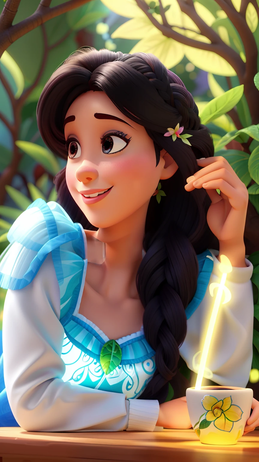 Mulher, doce, meiga,(best quality,Disney pixar |,estilo disney,alta resolução),cabelo longo preto,mulher,garota,happy expression,cena do jardim encantado,fundo floral,caprichoso,princesa,alegre,estrelas cintilantes,Floresta Encantada,storybook illustration,puro e inocente,delicate features,Charme Encantado,Expressive eyes and lips, sorriso delicado, penteado elaborado,pose graciosa,delicada,memorable and captivating,cheio de vida e energia