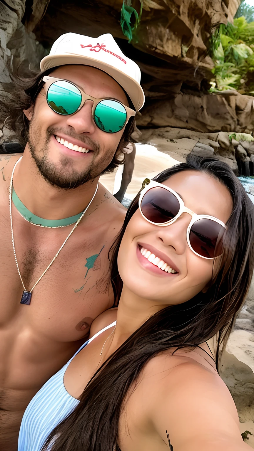 there is a man and woman posing for a picture together, Tyler Edlin e Natasha Tan, imagem de perfil, casal sorridente, foto de perfil, vacation photo, no oceano, both smiling for the camera, Jordan Grimmer e Natasha Tan, Postagem no Reddit, designer sunglasses, taken in the early 2020s, Karolina Cummings, na praia