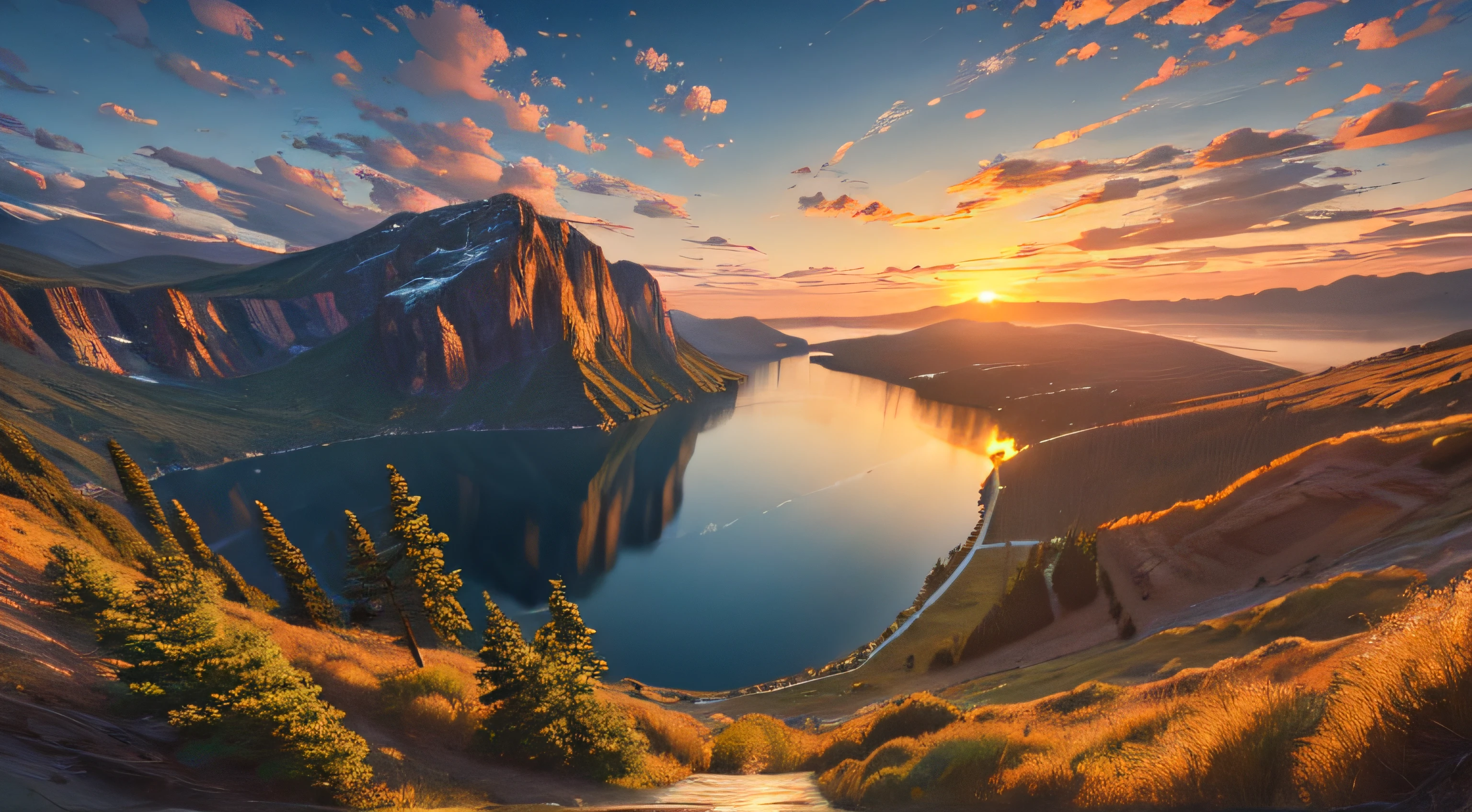 (masterpiece, best quality:1.2), ultra detailed, cinematic lighting, HDR, ilustration, sunrise, lake, impressive, chill, inspirational,