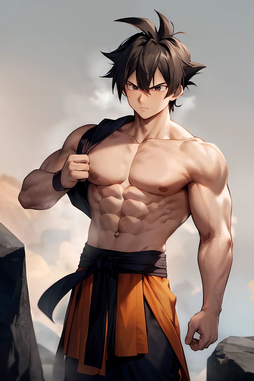 son goku, 1boy, closed mouth, male focus, muscular, muscular male, rock, sash, serious, solo, spiked hair, topless male, torn clothes, ultra instinct, black eyes, black hair, ((masterpiece))