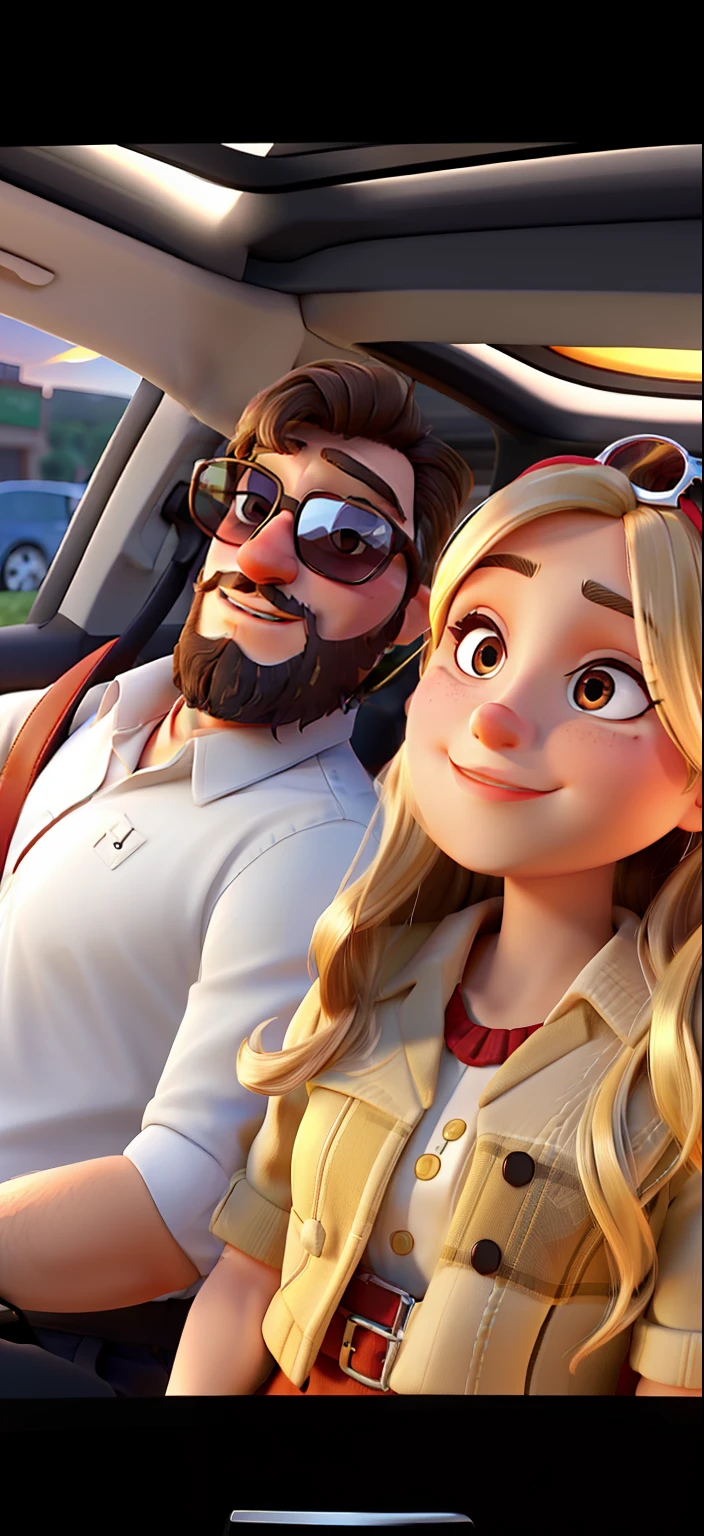 A couple in dress clothes, the man with beard and sunglasses and the blonde woman with brown eyes with a mole on her chin, iluminado pela luz do sol, dentro de um carro de luxo com teto solar, Wearing a red seat belt