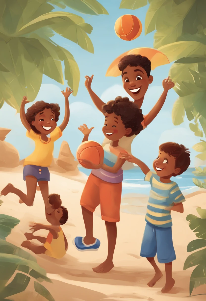The image depicts a joyful scene of a happy family. Um homem, A woman and her three children are gathered in a welcoming environment. Man is holding a beach ball, About to launch her into the air. The woman is smiling as she prepares to catch the ball, And the three sons are scattered around, ansiosos para participar da brincadeira. Everyone is dressed in a relaxed way, with summer clothes. The surrounding scenery is sunny, com areia, sea and a bright blue sky, creating the perfect backdrop for a day of family fun. The expressions of happiness and joy on everyone's faces reflect the warm family bond and the love shared between them. This image conveys a moment of joy and togetherness that is worthy of laughter and happy family memories.