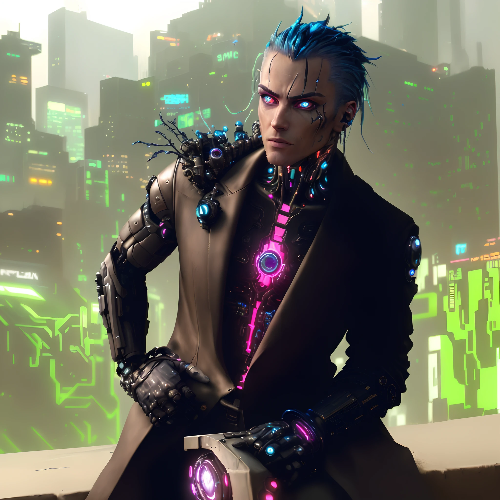 Hyper-realistic close up portrait of a (cyberpunk man), ((male)), (bronze) skin, detailed (one striking blue human eye and one cybernetic glowing eye), rugged, adaptive, (half human face, half cybernetic enhancements seamlessly integrated), (futuristic neon-lit cityscape reflecting in the cybernetic eye), with a detailed enigmatic face, full body, (fashionable and functional cyberpunk attire), regal, elegant, realistic, hyper realistic, highly detailed, depth of field, Detailed and Intricate, Photo, HD, Cinematic, Dynamic Lighting, (bokeh), ((beautiful)), lens flare, (god rays:1.1), (cinema effect), gradient colour progression, cinematic film grain, (subsurface scattering) ,((detailed face and eyes)), (detailed iris:1.3)