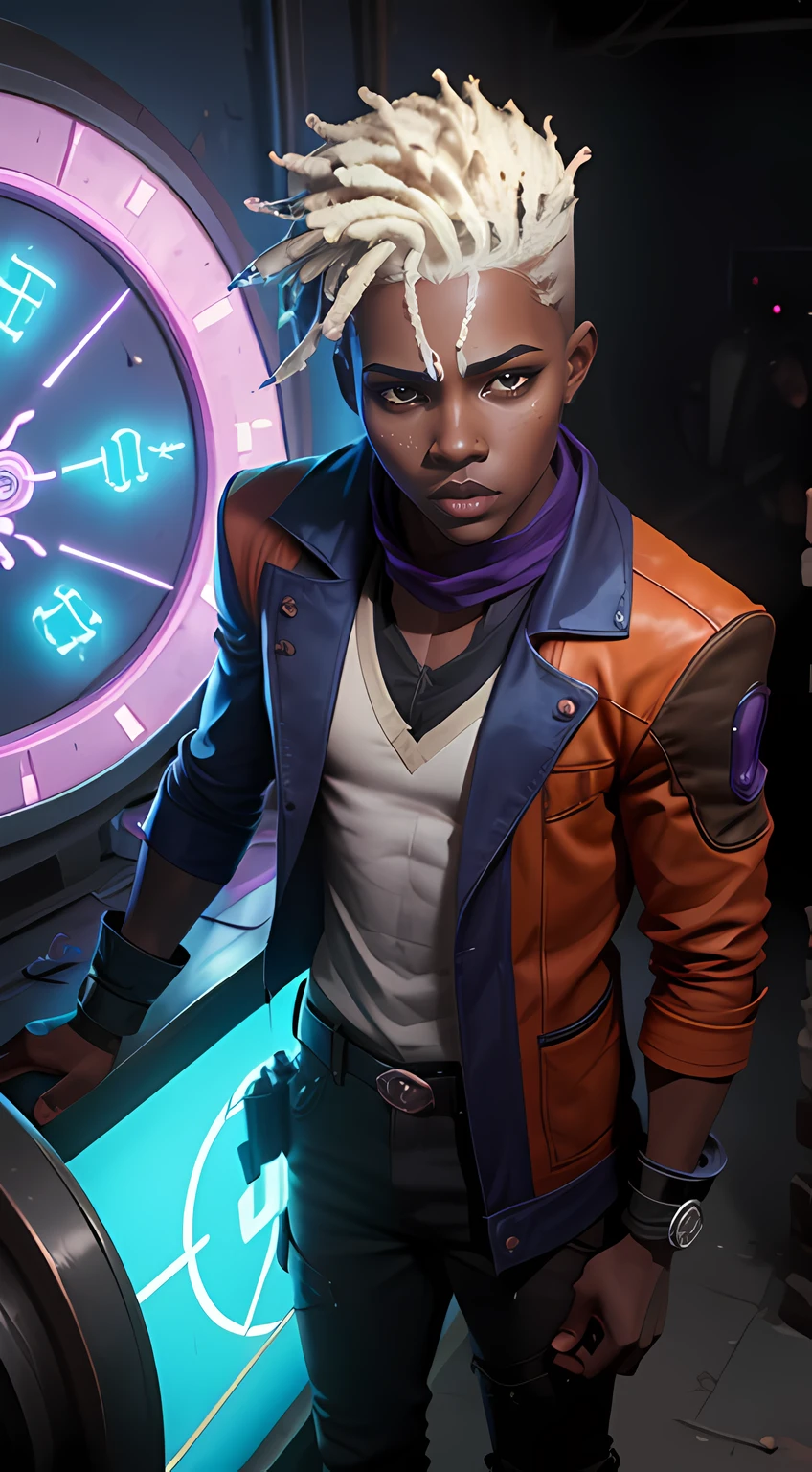 Arcane Ekko, Arcane ekko many details, young face, 16 years old, 1st year, Only, dark-skinned man, perfect anatomy hands, dark skin, ((brown eyes: 1.5)), white mohawk hair, mailbox, dreadlocks , short hair , bangs, jacket, teeth, gray hair, parted lips, , ((master piece)), 8k , HDR , High details , an orange scarf around his neck, wears a neon, blue and purple fantasy rapper jacket, pants long, and boots. He also wears a pocket watch with a zodiac symbol inside. This clock is actually his time travel device, the Z-Drive, holding antique picture frame clock, White paint war marks on his face, in kda show, Neon blue costume and purple rapper jack in show kda league of legends .