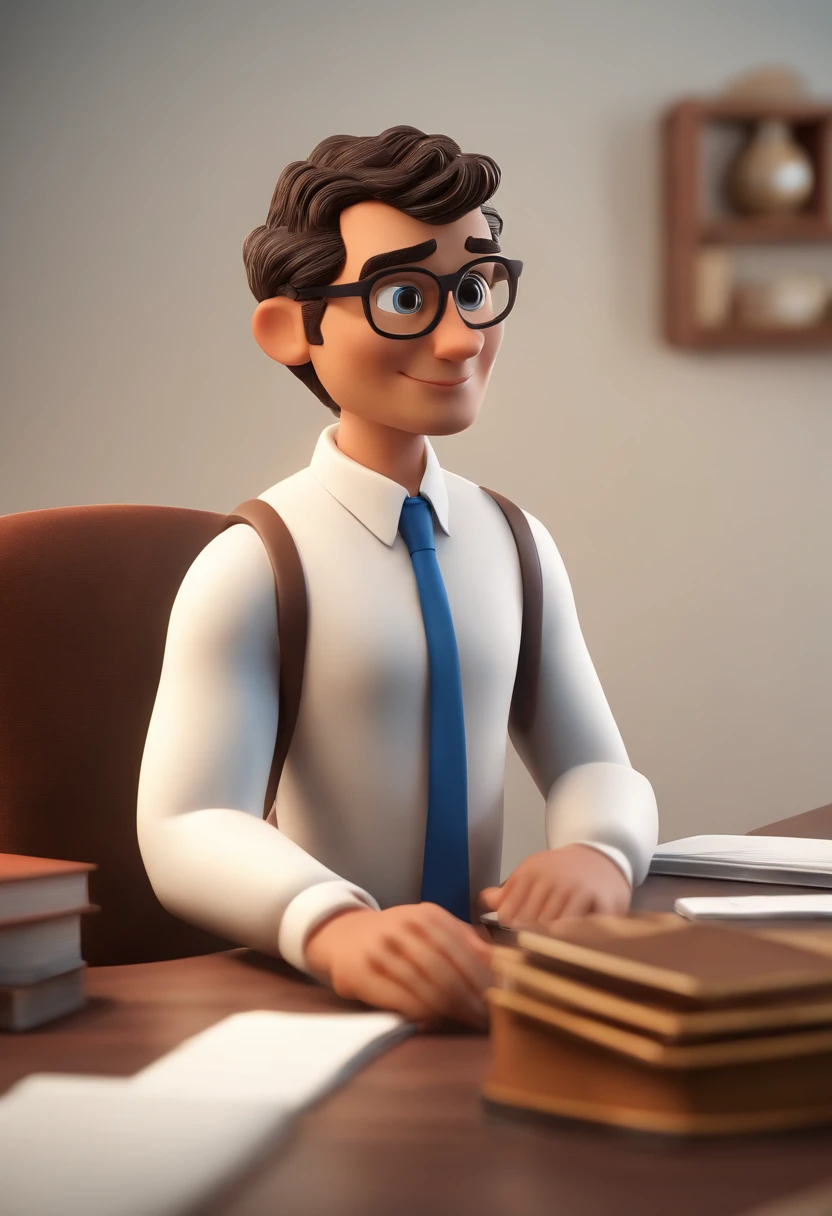 Personagem de desenho animado de um jovem de cabelos pretos e uma camisa azul, um personagem animado, at a law firm, Caractere estilizado, animation style rendering, 3D estilizado, Arnold Maya render, 3 d render stylized, toon render keyshot, Personagem 3D, Personagem 3D, 3d rendering stylized, 3 d character render, personagem de desenho animado, Personagem de close up, Pose de personagem, (Estilo Pixar) (master part:1.2) (Bokeh) (best quality) (pele detalhada) (textura detalhada) (8k) (argila) (Cinematic lighting) (foco nítido，Senta e vaza a parte superior do corpo