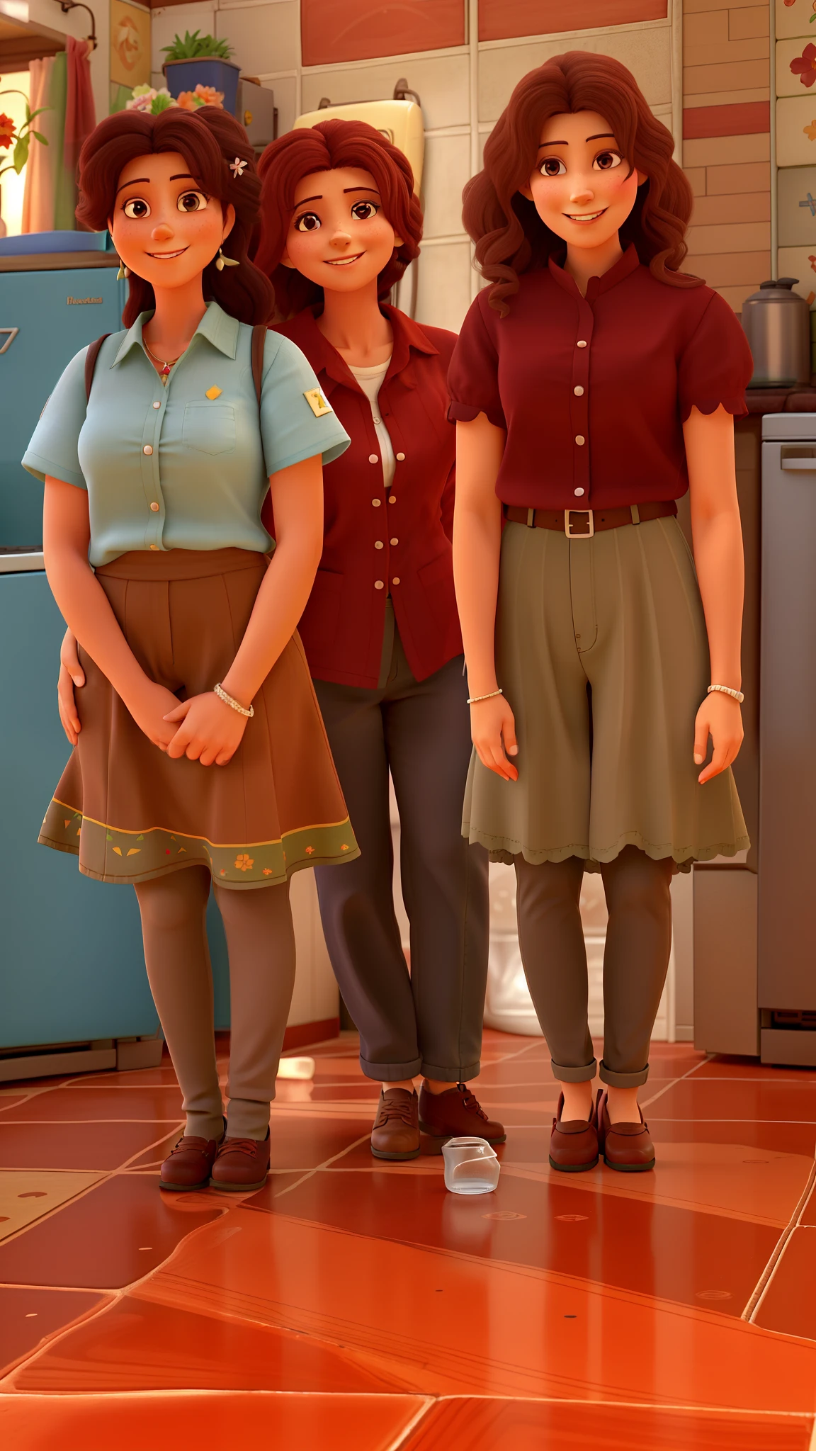 older mother, filhas ao lado, jovens, pretas, sorridentes, Mom in brown pants, filhas de saias e blusas claras, They're in an old kitchen in front of a refrigerator, com um vaso de planta encima,Floor with red tiles