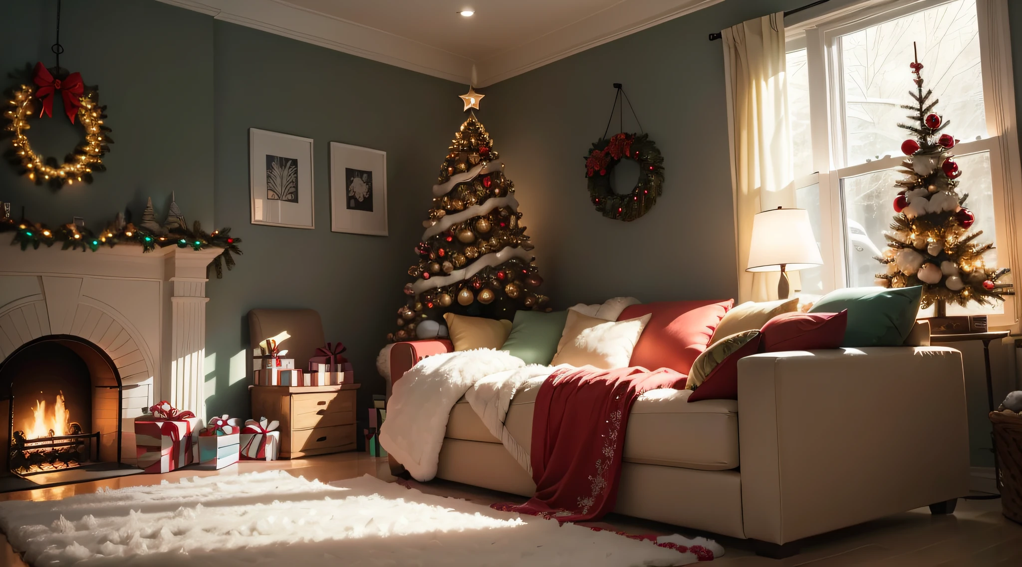 Bright atmosphere,True exposure,Ray traching,Excellent image quality,Christmas,Christmas tree,pompon,bell,Luminous colored light bar,inside in room,Chilling,Christmas decorations are hung on the wall,snowflower