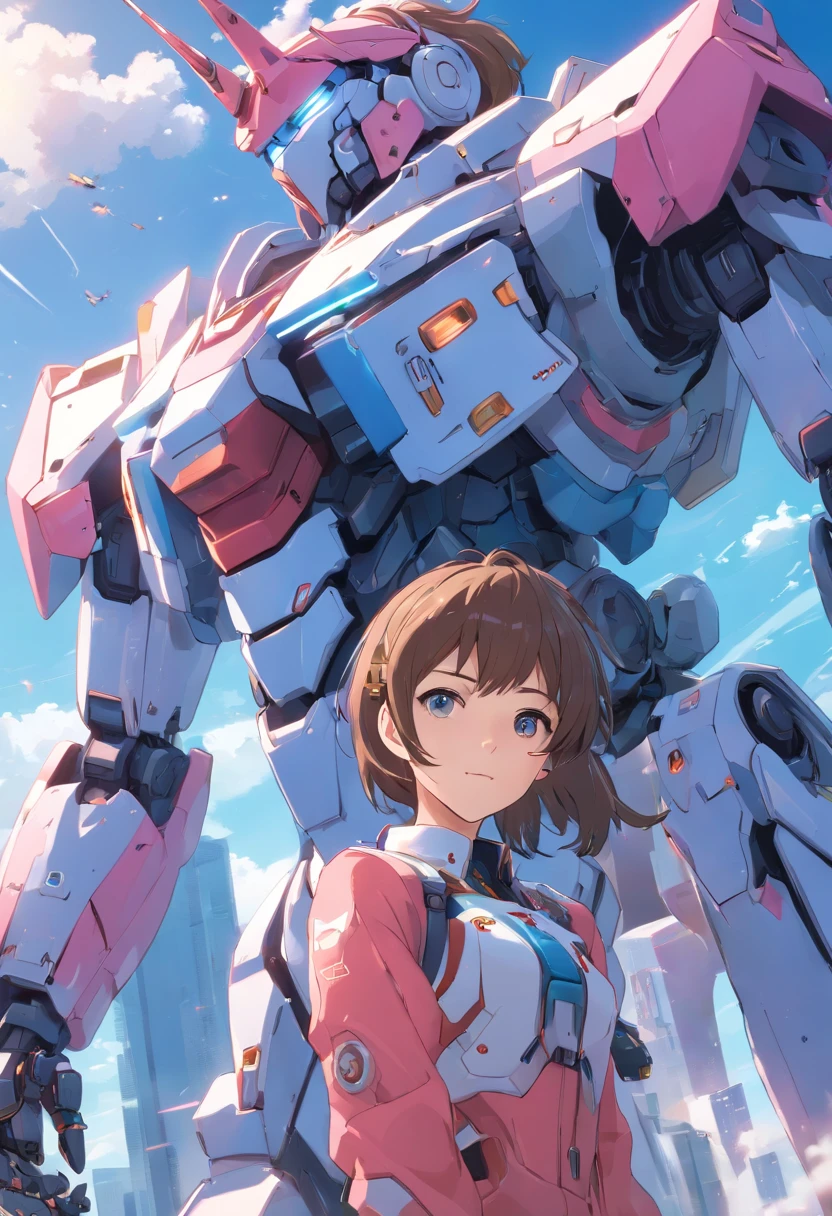 High quality, High detail, Unicorn mech, Rich facial details, in mecha style, Strong sense of streamlining, Anime girl on the sky background，Machine armour wind，anime mecha aesthetic，4k，in pink，blue color eyes，anime robotic mixed with organic，8K high quality detail art，detailed anime art，Mecha theme，