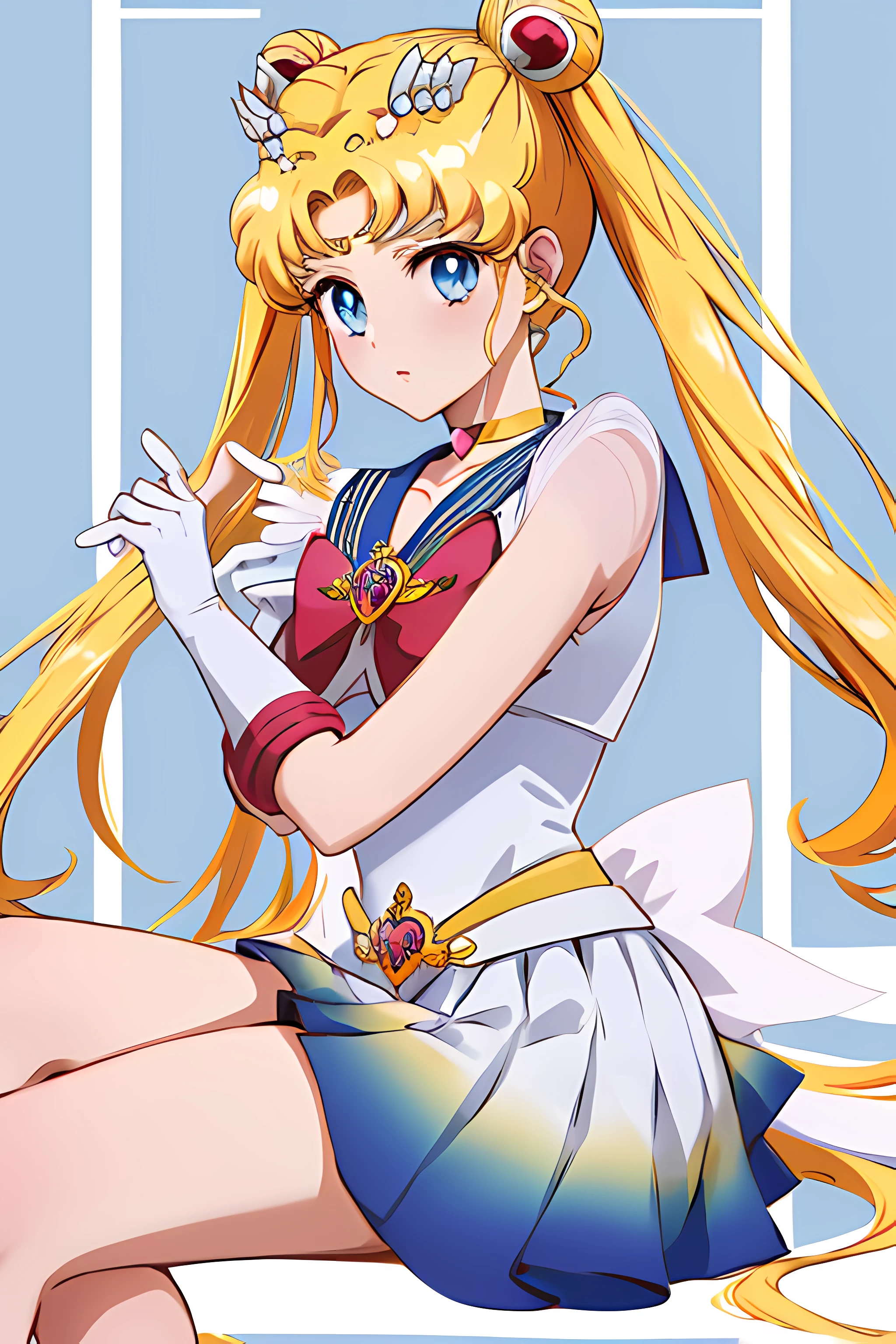 masterpiece, best quality, high resolution, 1 girl, solo, sailor senshi uniform, SMMoon, 1990s \(style\), blonde hair, magical girl, blue eyes, blue skirt, elbow-length gloves, tiara, pleated skirt , blue sailor necklace, miniskirt, choker, blue choker, white gloves, very long hair, jewelry, earrings, sitting, legs crossed, very sexy. CROSING LEGS, SHOW BOOTY