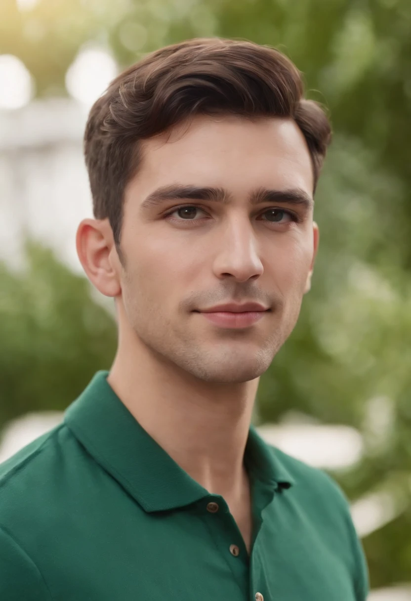 Brunette male character with short curly hair of cartoon 3d stylized rendering, com cavanhaque ralo, Round head and tapered chin, olhos mel, sorrindo, Thick eyebrows wearing green polo shirt (Estilo Pixar) (master part:1.2) (Bokeh) (best quality) (pele detalhada branca) (textura detalhada) (8k) (Cinematic lighting)