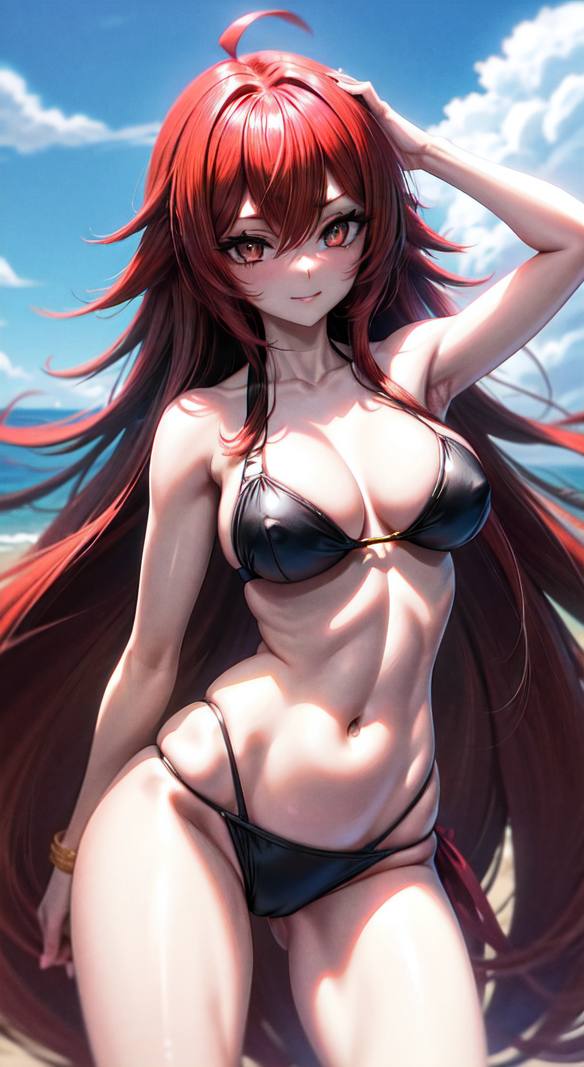 1 mulher, Rias Gremory, (High School DxD), seios eretos, seios gigantescos de decote, sexy big buttocks, looking up at the audience, umbigo, muito molhado corpo glamoroso bonito, cabelos vermelhos muito longos, cabelo de ahoge ,2 human hands, cinco dedos, Sexy Red Black Bikini Swimsuit, standing style, over all view, summer seaside beach, na praia, Tarde, summer sky, luz solar, master part, UHD, Altas, best quality, UHD, alta qualidade, best quality, Altas, UHD, Altas, best quality, UHD, alta qualidade, best quality, Altas, lindo sorriso alto detalhado, sexy peito muito grande, bunda grande sexy, (Beautiful_rosto:1.5), insertion of large breasts, Anel de casamento dourado no dedo, NSFW, corpo do suor, belos olhos altos e detalhados, bolo_olhos amarelos, alto detalhado corpo sexy bonito, corpo muito molhado, corpo grosso bonito, very erotic