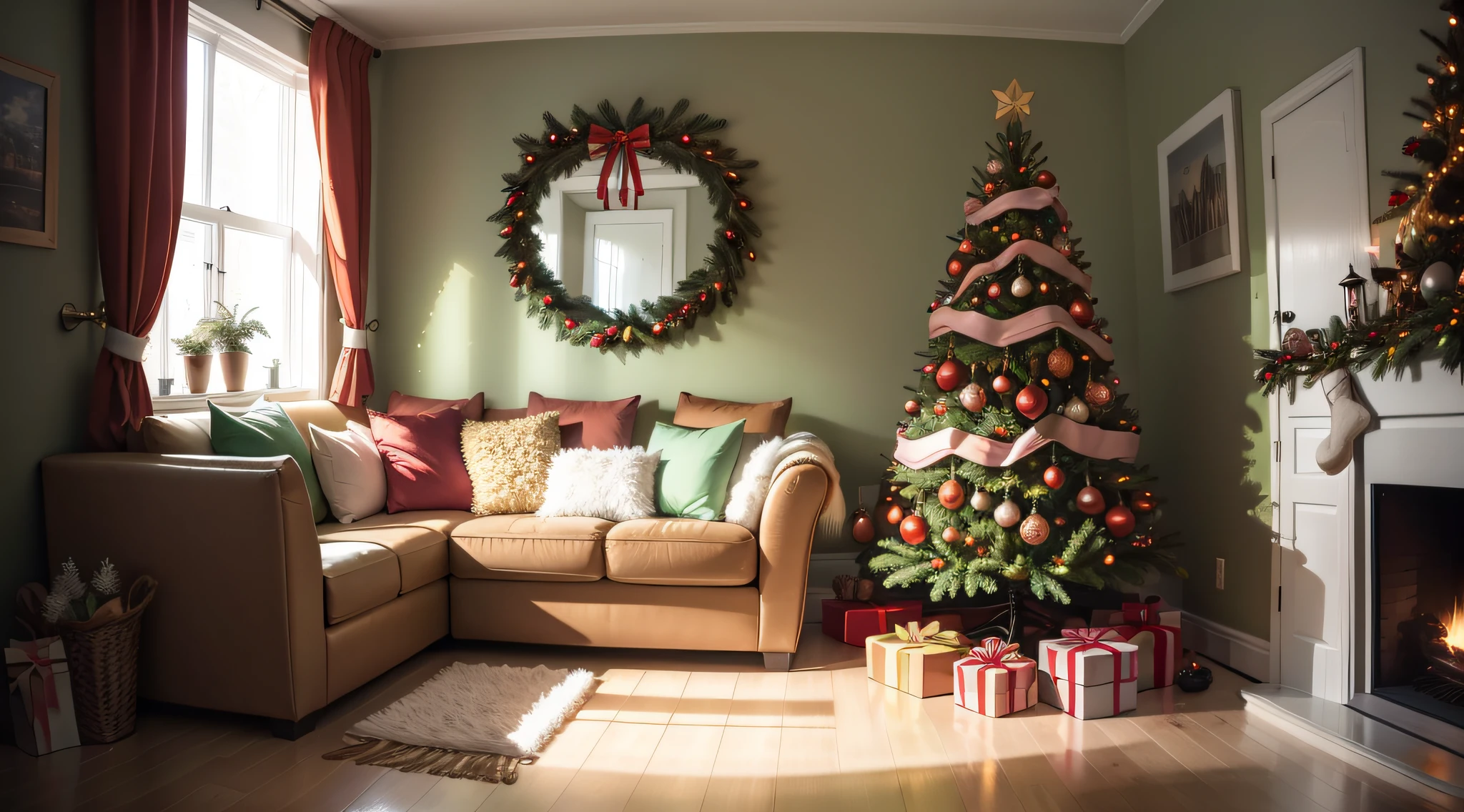 Bright atmosphere，True exposure，Ray traching，Excellent image quality，Christmas，Christmas tree，pompon，bell，Luminous colored light bar，inside in room，Chilling，Christmas decorations are hung on the wall，snowflower