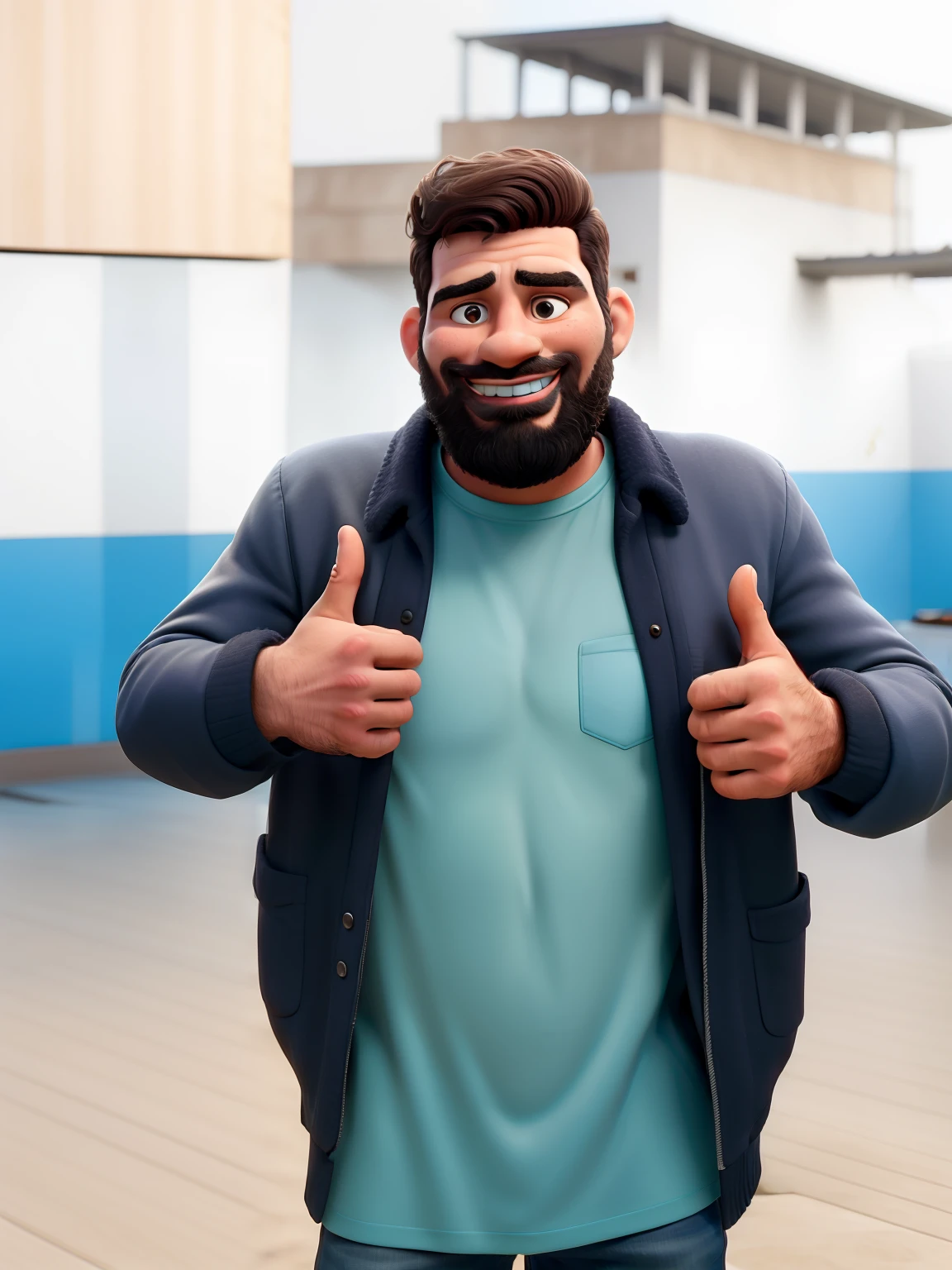 obra-prima, de melhor qualidade, homem moreno com barba preta e sorrindo funde de cidade