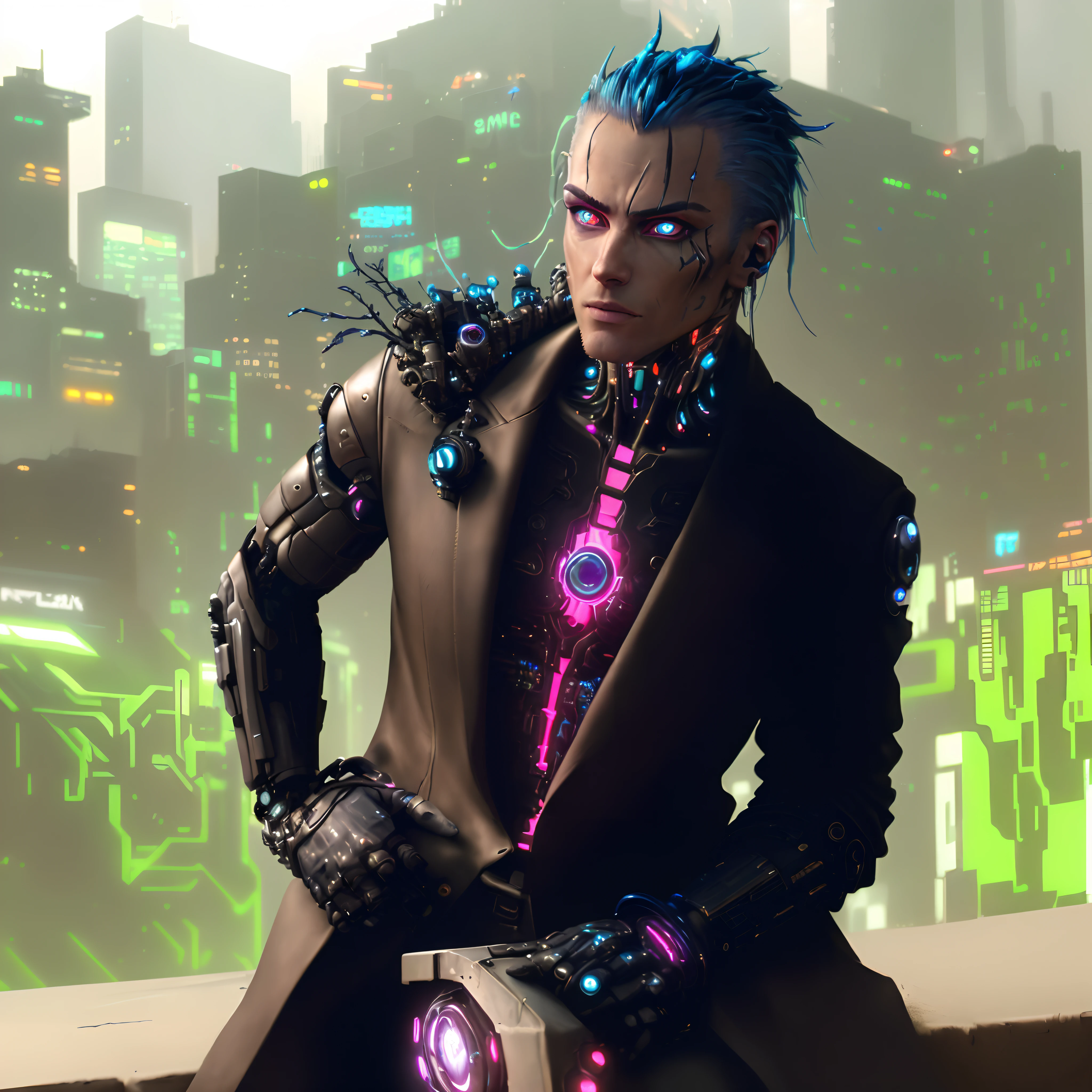 Hyper-realistic close up portrait of a (cyberpunk man), ((male)), (bronze) skin, detailed (one striking blue human eye and one cybernetic glowing eye), rugged, adaptive, (half human face, half cybernetic enhancements seamlessly integrated), (futuristic neon-lit cityscape reflecting in the cybernetic eye), with a detailed enigmatic face, full body, (fashionable and functional cyberpunk attire), regal, elegant, realistic, hyper realistic, highly detailed, depth of field, Detailed and Intricate, Photo, HD, Cinematic, Dynamic Lighting, (bokeh), ((beautiful)), lens flare, (god rays:1.1), (cinema effect), gradient colour progression, cinematic film grain, (subsurface scattering) ,((detailed face and eyes)), (detailed iris:1.3)