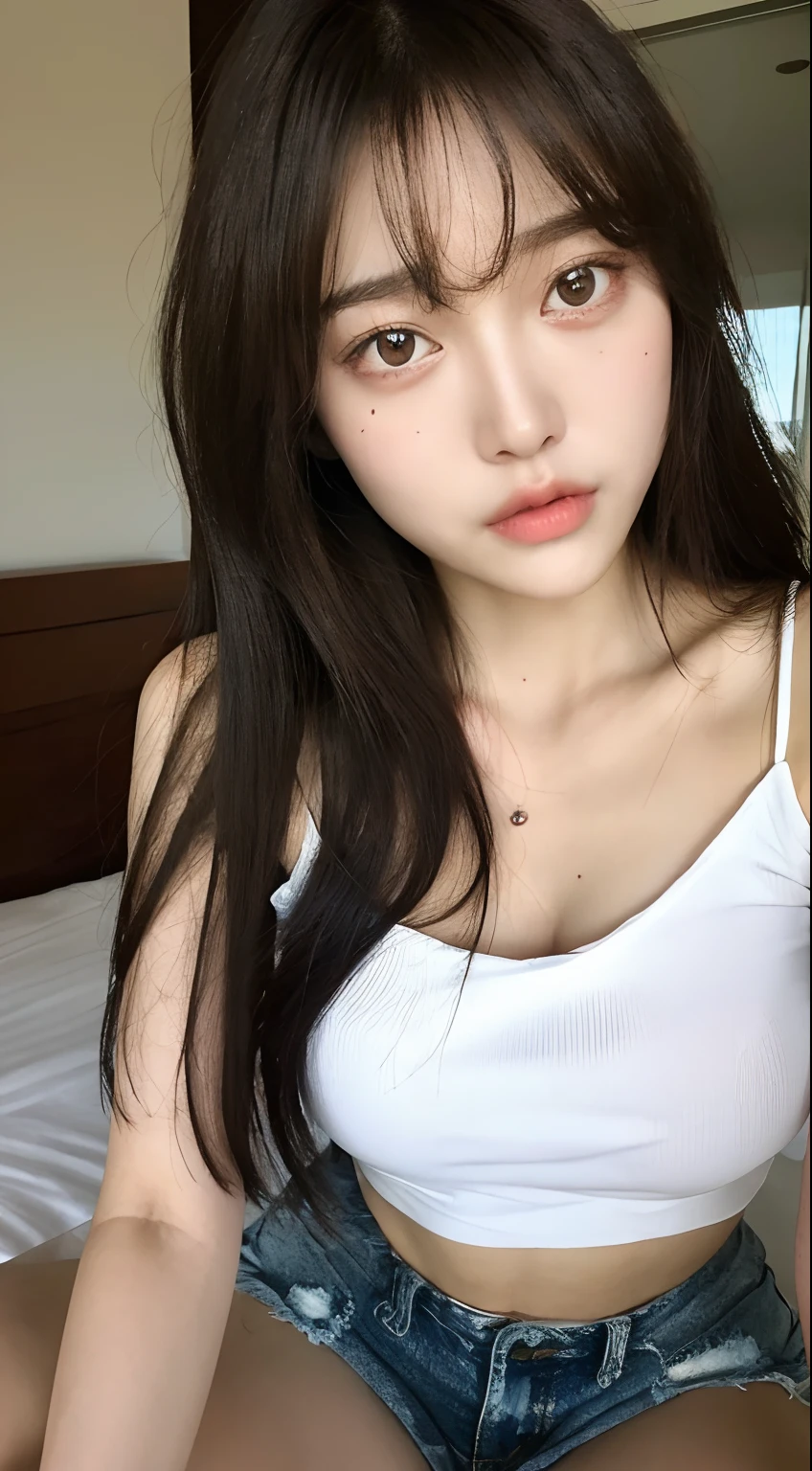 (Top quality, 8k, Masterpiece: 1.3), she is a lovely lady with a perfect figure: 1.4, dark brown hair, torn shorts, sleeping in bedroom, very detailed face and skin, fine eyes, double eyelids, puffy eyes, detailed eyes, bangs, long hair,