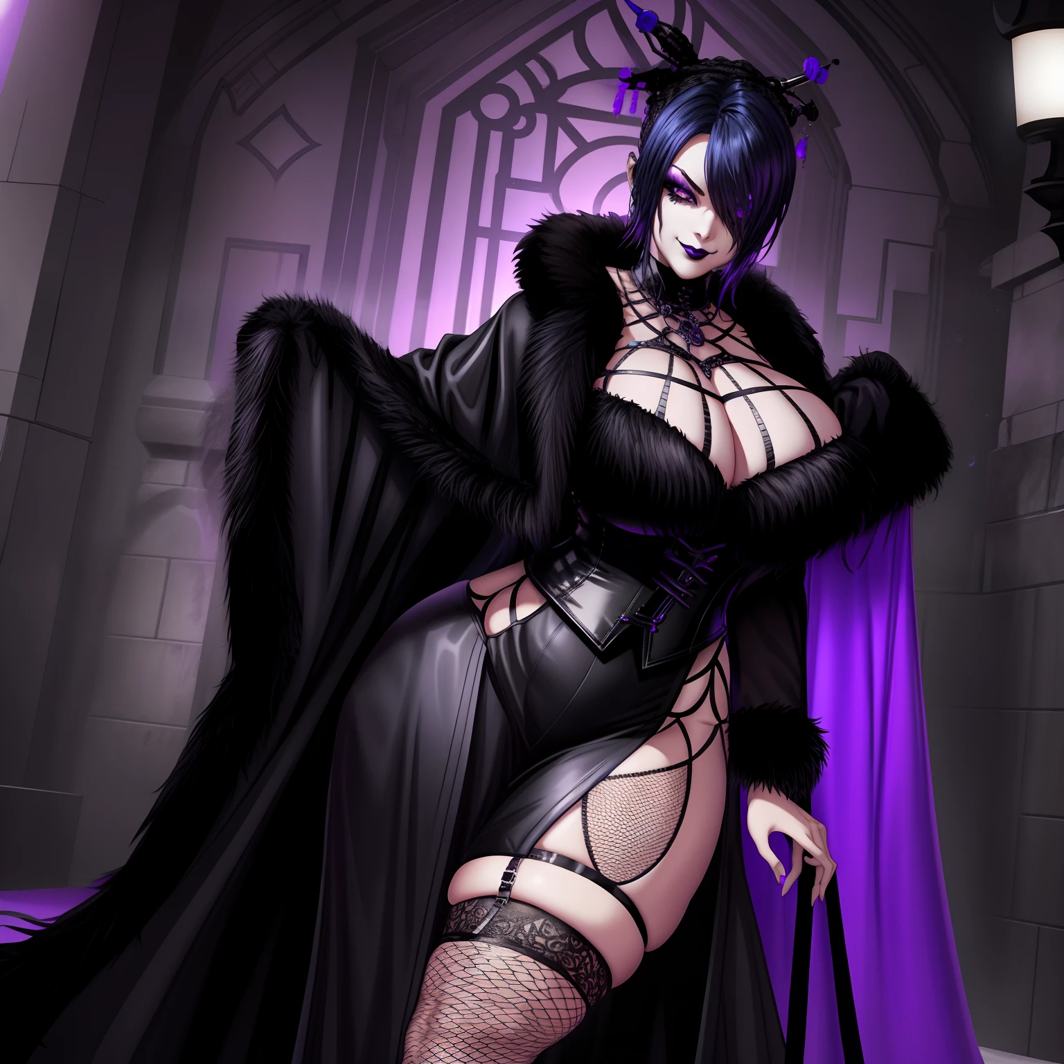 Lineart monochrome, lineart, monochrome, manga, no background, printable, thicc Gothic female wearing sexy fur lined robe with sexy purple dress under it, has blue hair, thicc, wearing fishnets, nsfw, lewd, black lipstick, dominatrix aesthetic, BDSM gear, dominant, evil, sensual grin