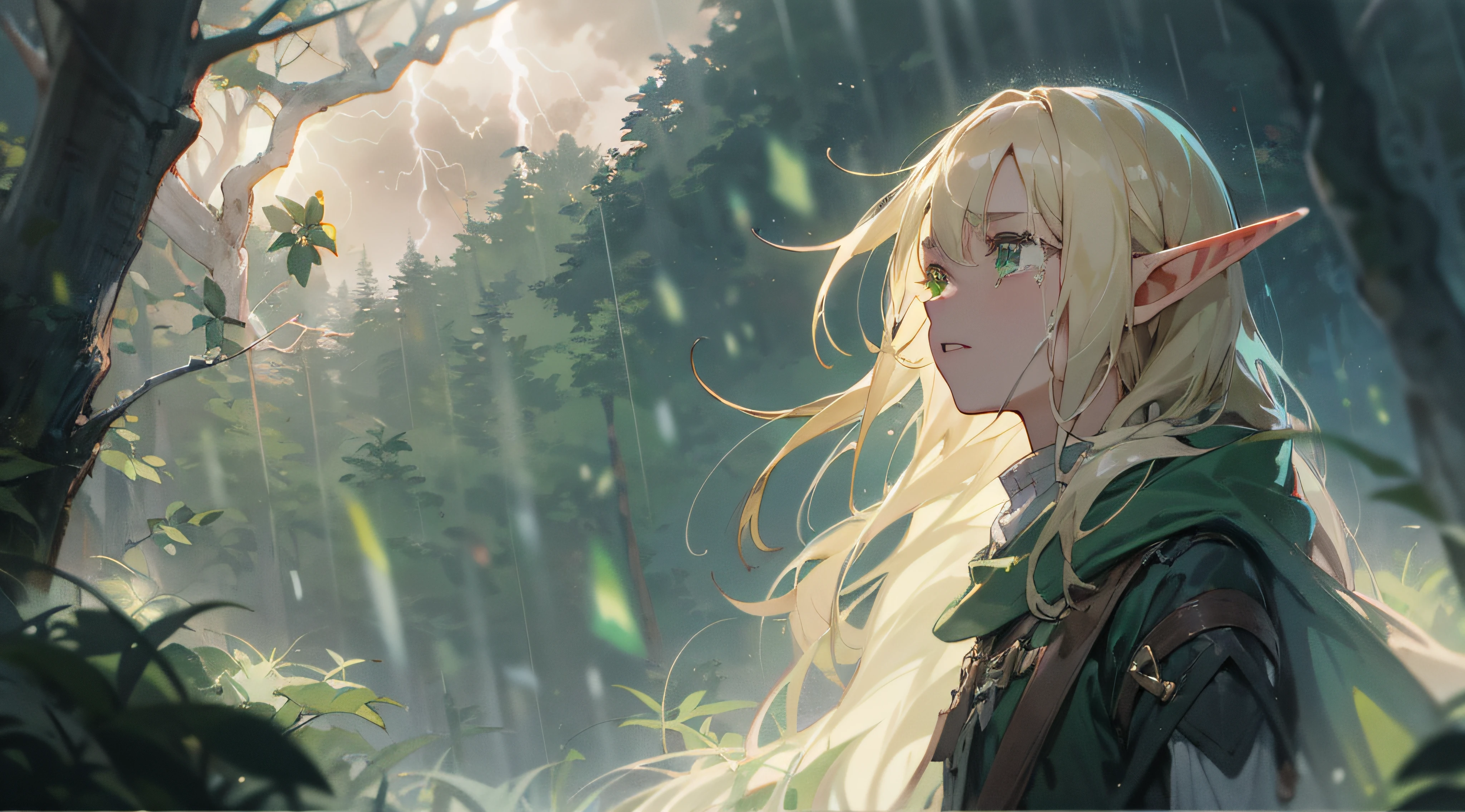 master part, best quality,A dense forest with a clearing. A young elf with blonde hair and green eyes, crying, the weather was rainy, lightning streaked across the sky., The lighting